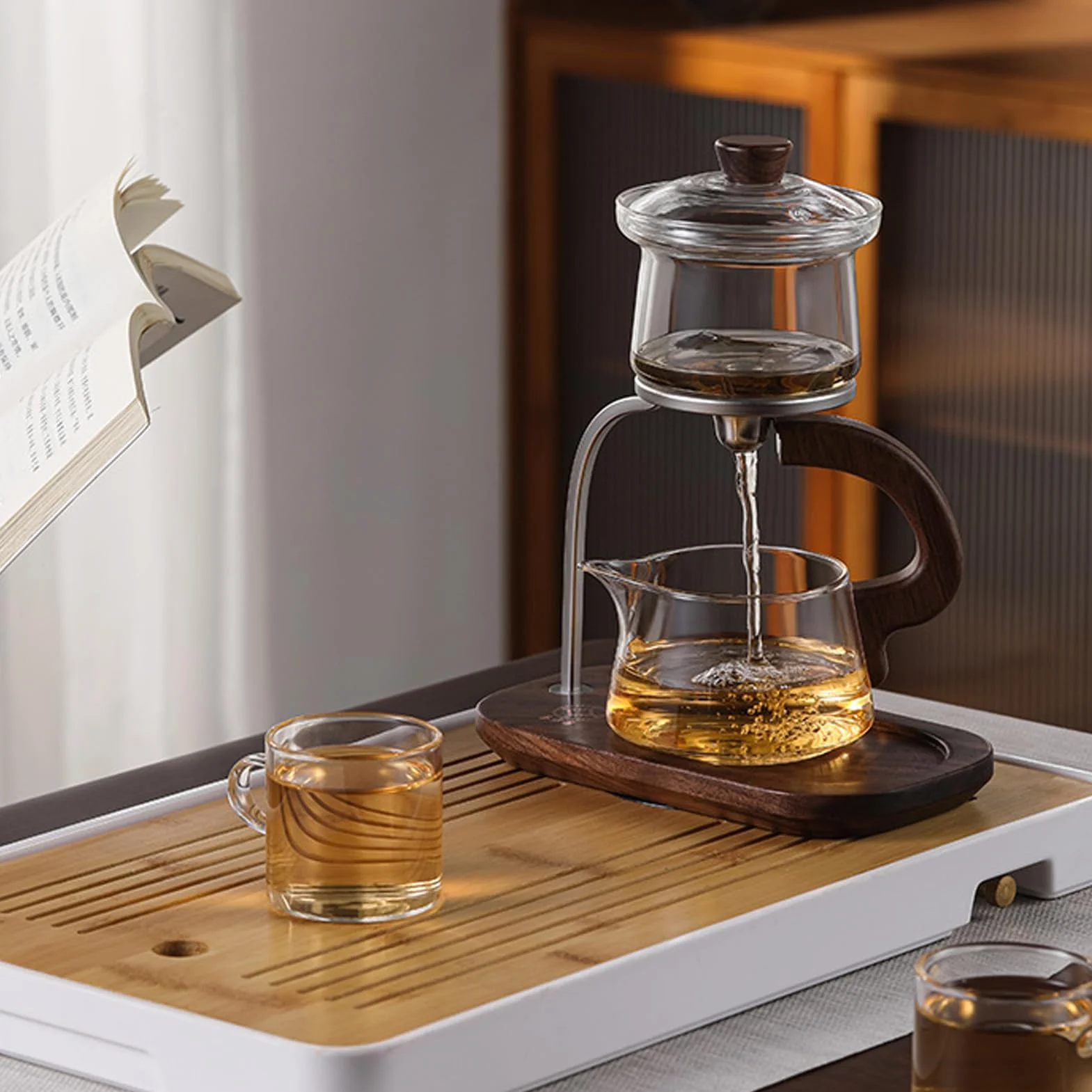 Półautomatyczny szklany zestaw do herbaty Lazy Kungfu Drip TeaPot, żaroodporny zaparzacz