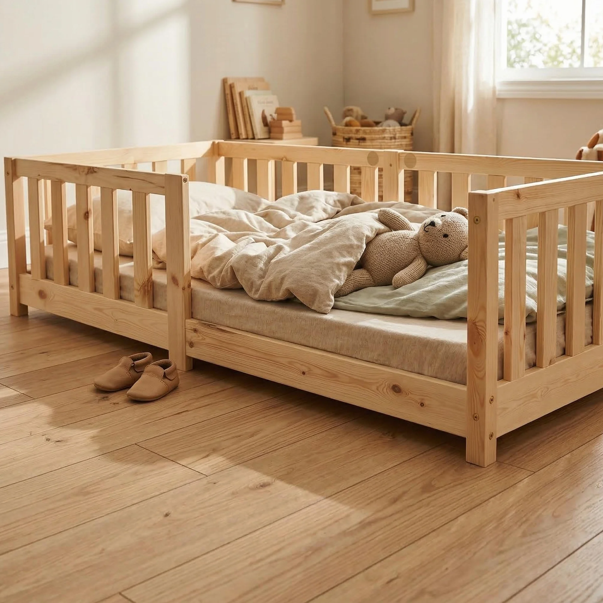 ecomi® Łóżko dziecięce 90 x 200 cm, z zabezpieczeniem przed wypadnięciem, łóżko podłogowe, łóżko dziecięce ze stelażem, dla dziewczynek i chłopców, lite drewno sosnowe, kolor naturalny