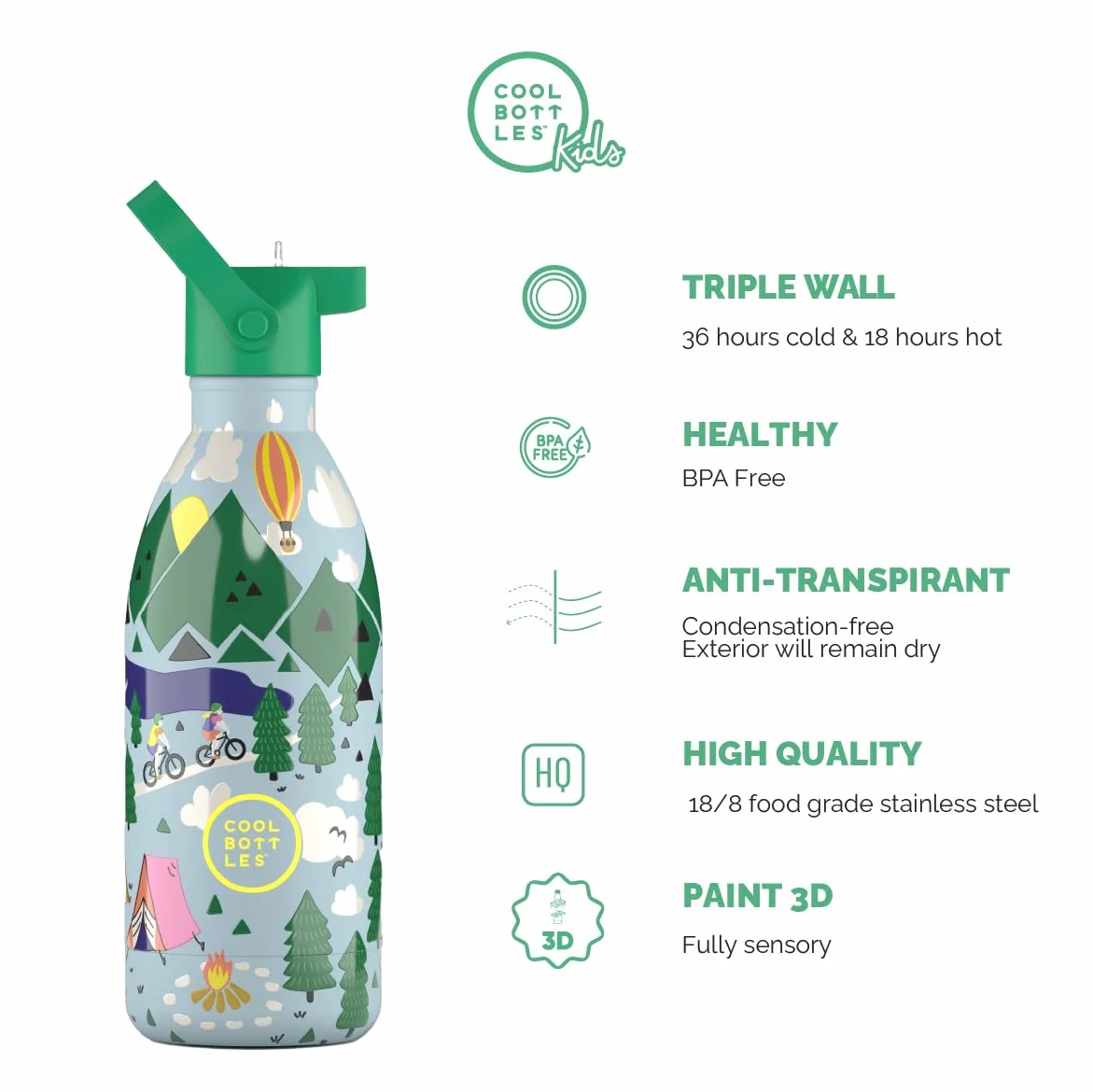 Cool Bottles - Butelka na wodę ze stali nierdzewnej dla dzieci, termos dla dzieci - zimne napoje przez 36 godzin i gorące przez 18 godzin - Outdoor Adventure 500ml