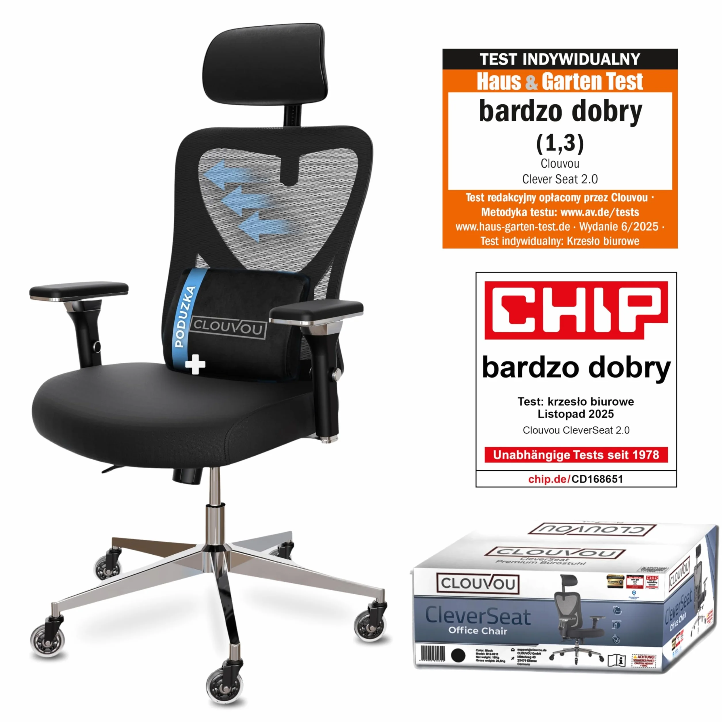 CLOUVOU CleverSeat Ergonomiczne krzesło biurowe [NR 1 W RANKINGU] Regulowane krzesła biurowe - fotele ergonomiczne | Siatkowy fotel biurowy z podparciem | Fotel ergonomiczny do gier do 150 kg