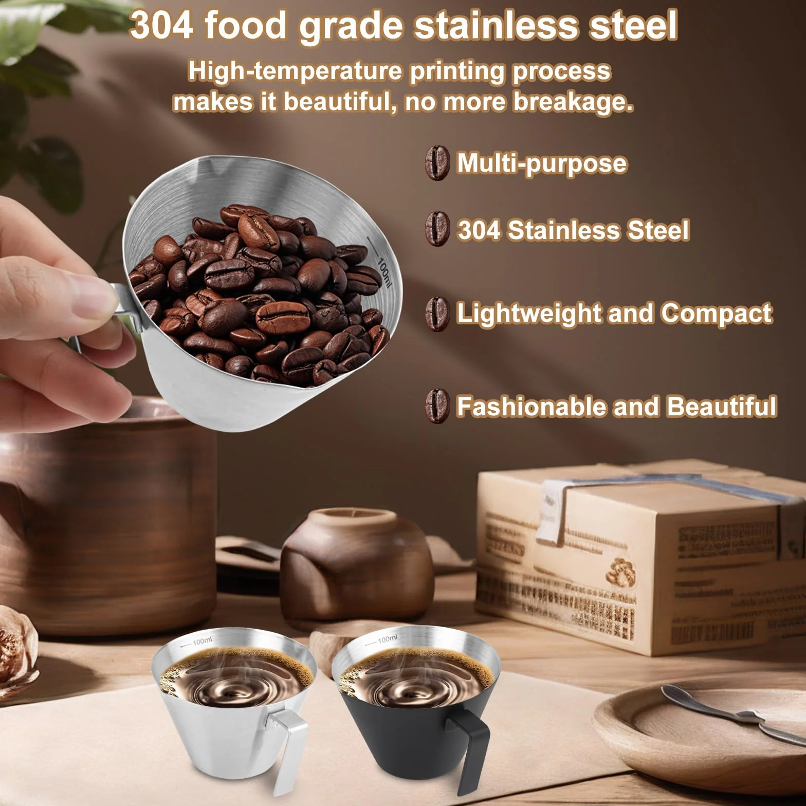 2 sztuki filiżanek do espresso z uchwytem, szklana szklanka pomiarowa ze stali nierdzewnej z podwójnym odpływem i skalą, szklanki do espresso, akcesoria do espresso, filiżanki do kawy z V-odpływem na