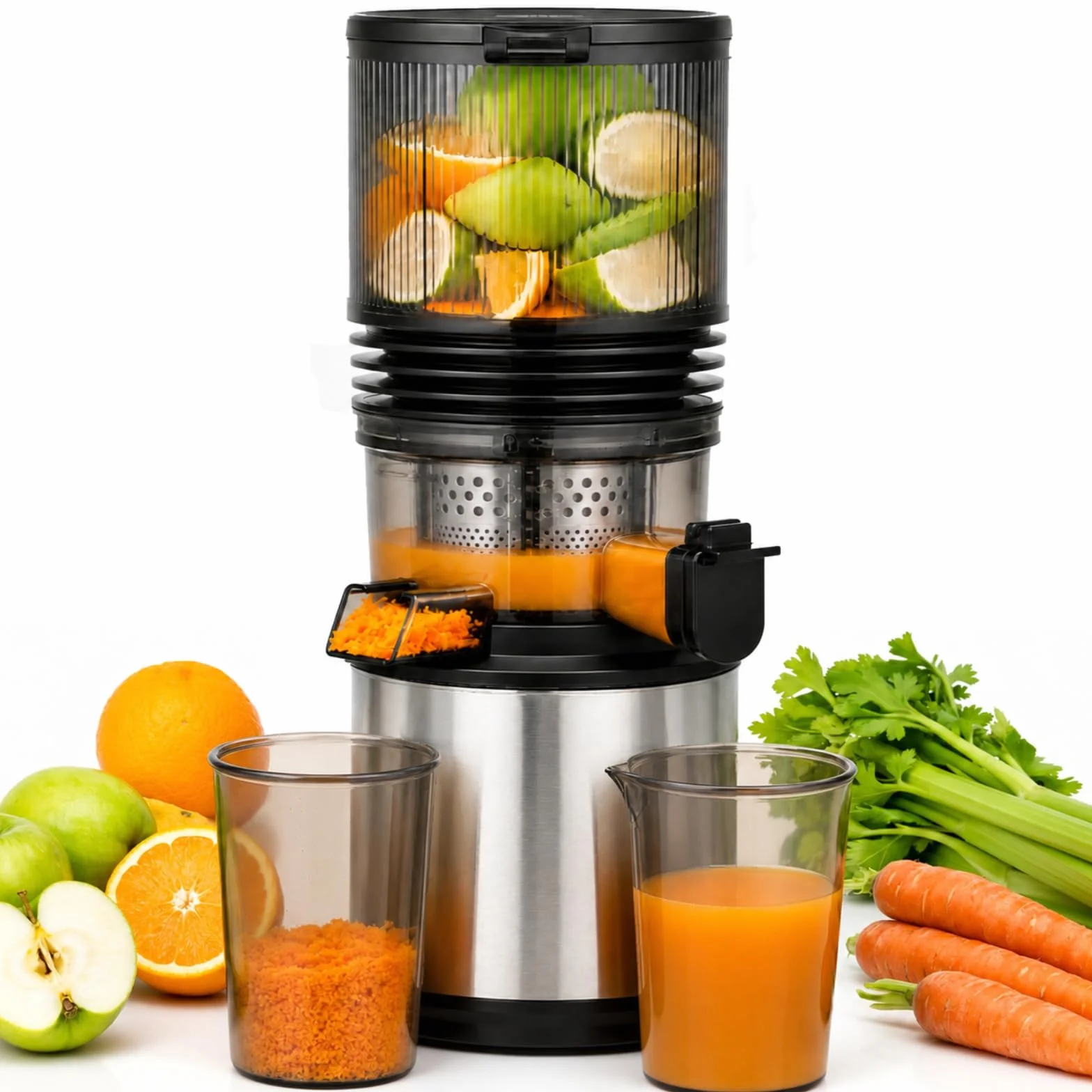 AMZCHEF Wyciskarka wolnoobrotowa do soków, szeroki otwór wsadowy 158 mm i komora na składniki 2 l do domowych soków, 55 obr./min, silnik DC 250 W do 45 dB, 3-stopniowa filtracja ze stali nierdzewnej | Do całych owoców i warzyw, łatwa do czyszczenia, zimna