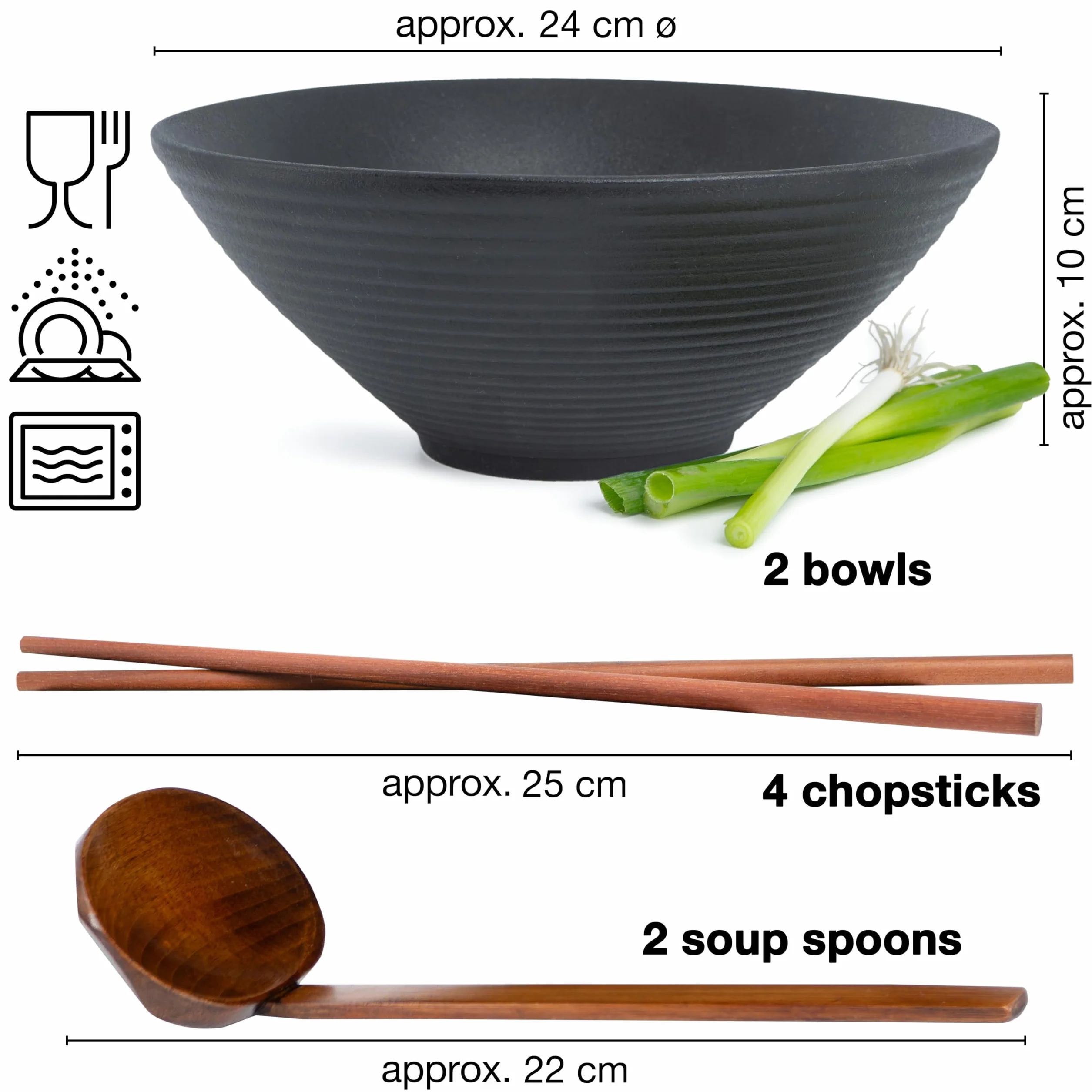 Moritz & Moritz 2 x Ceramiczna Miska Ramen - 800-1300 ml - 24 cm Ø - Czarny Zestaw dla 2 Osób - Do Zupy, Pho i Sushi Bowl - Z Pałeczkami i Łyżeczką