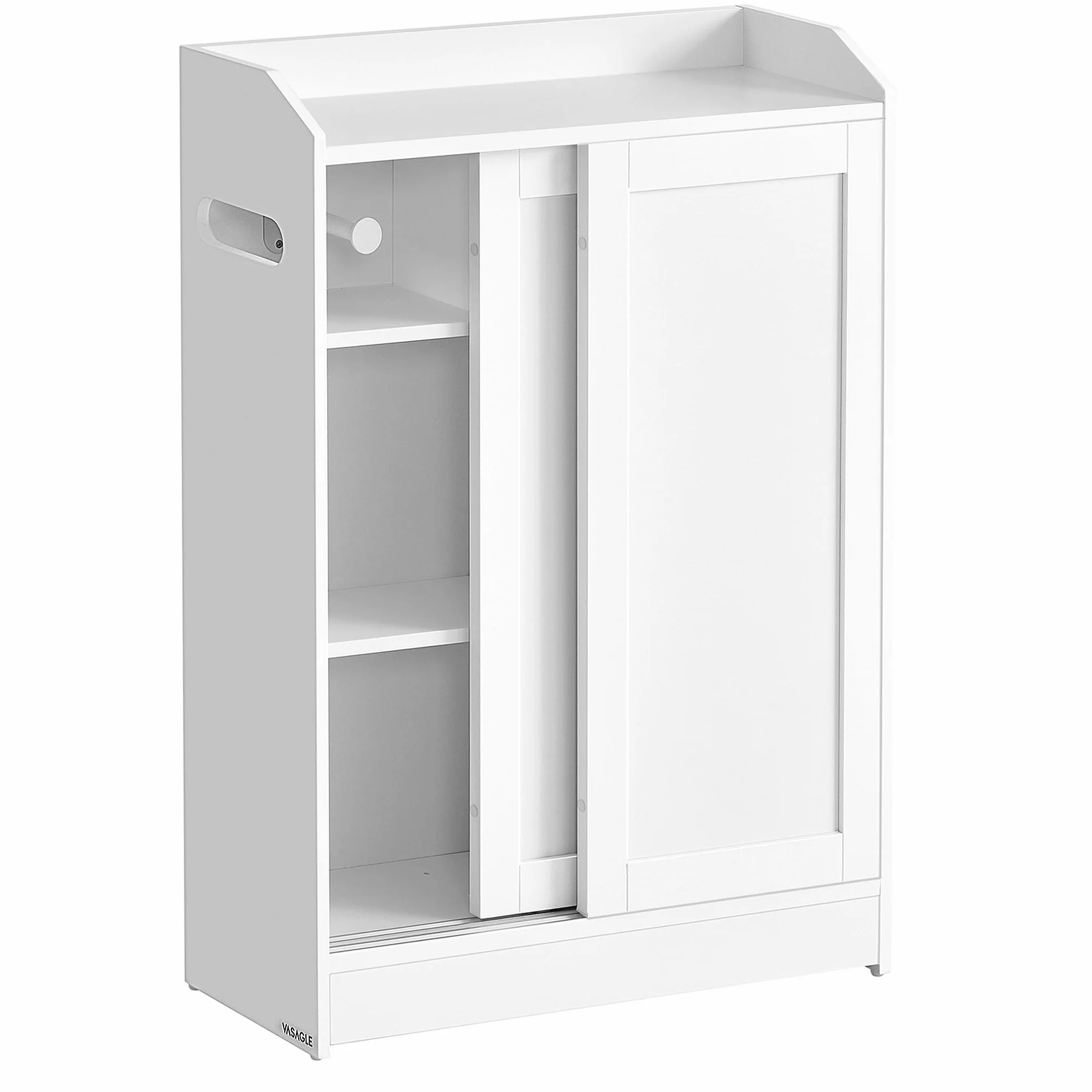 VASAGLE BBC752W01 szafka łazienkowa, zajmuje mało miejsca, uchwyt na papier toaletowy, uchwyt na szczotkę toaletową, drzwi przesuwne, regulowane półki wkładane, obok toalety, 20 x 60 x 80 cm