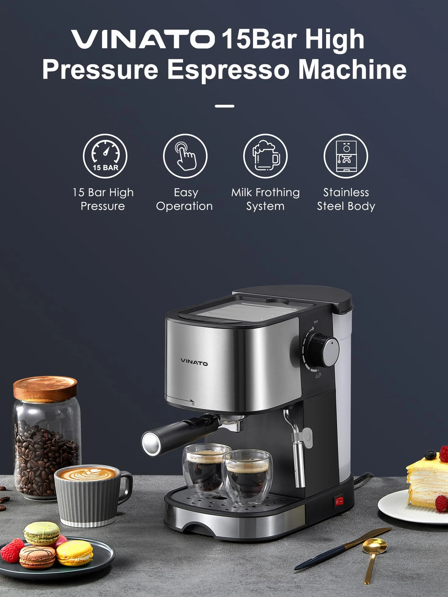 VINATO Ekspres do espresso, 15 bar, ekspres do espresso i cappuccino z funkcją szybkiego nagrzewania, ekspres do kawy z funkcją spieniania mleka i prętem parowym, podwójny uchwyt filtra wylotowego i 2
