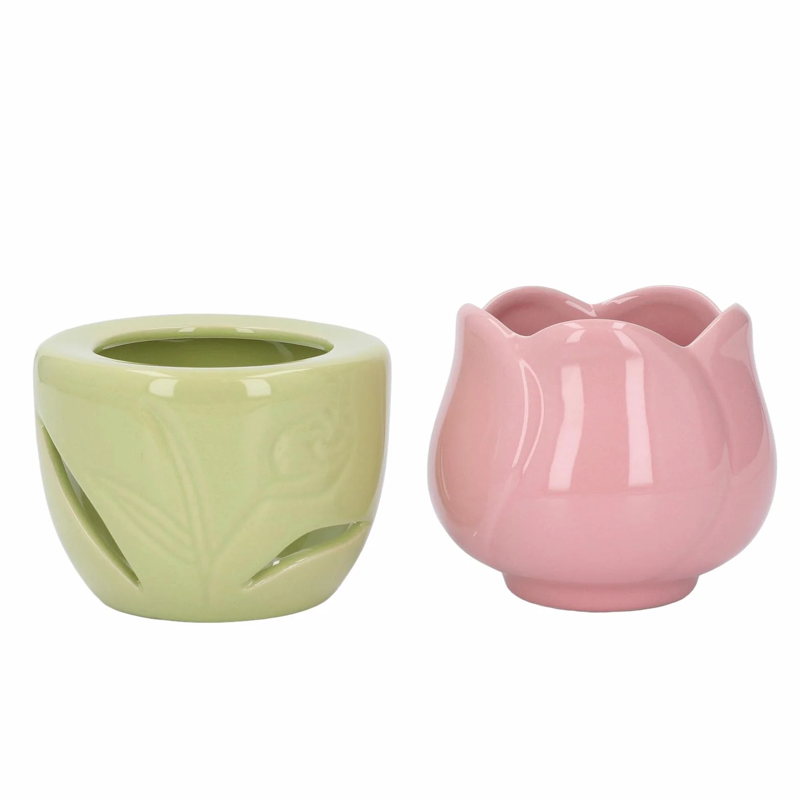 Ceramiczny Palnik do Aromaterapii Kominek na Olejki Eteryczne Różowy Kwiat Zielony Stojak