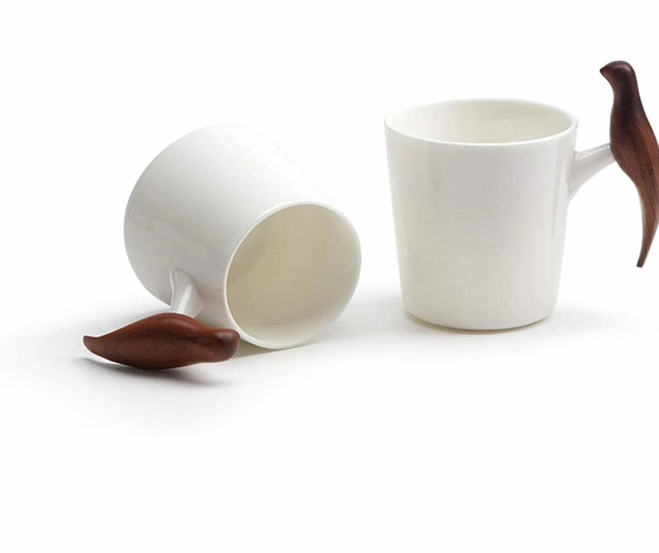 Kubek Filiżanka kawy Filiżanka herbaty, kubek kawy Kubki ceramiczne Nowość Biały ceramiczny kubek do kawy z drewnianym uchwytem w kształcie ptaka Ceramiczny kubek do herbaty Para szklanek Kubki do kaw