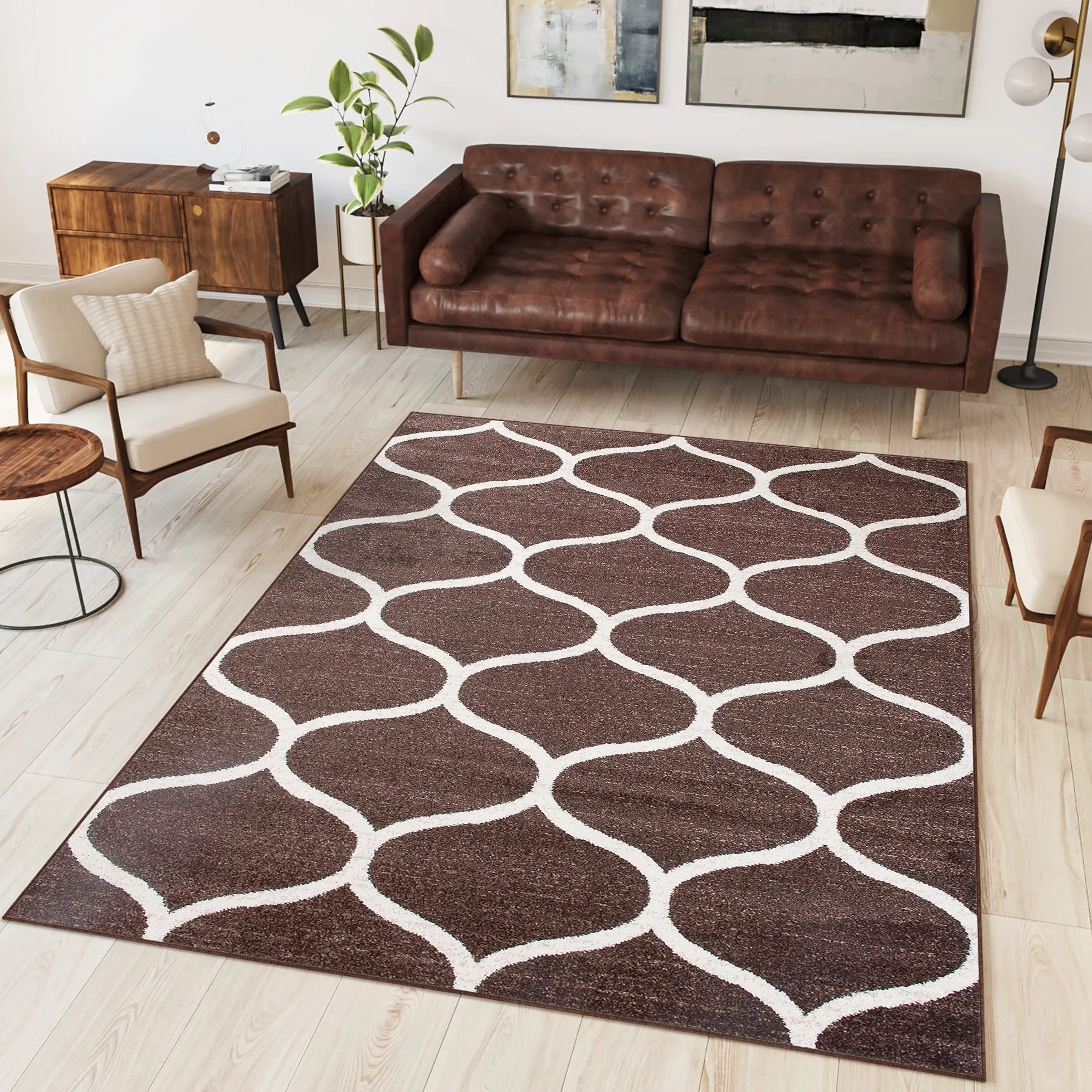Tapiso Sari dywan z krótkim włosiem, ciemnobrązowy, kremowy, geometryczny, marokański, wzór melanżowy, do salonu, sypialni, Ökotex 220 x 320 cm