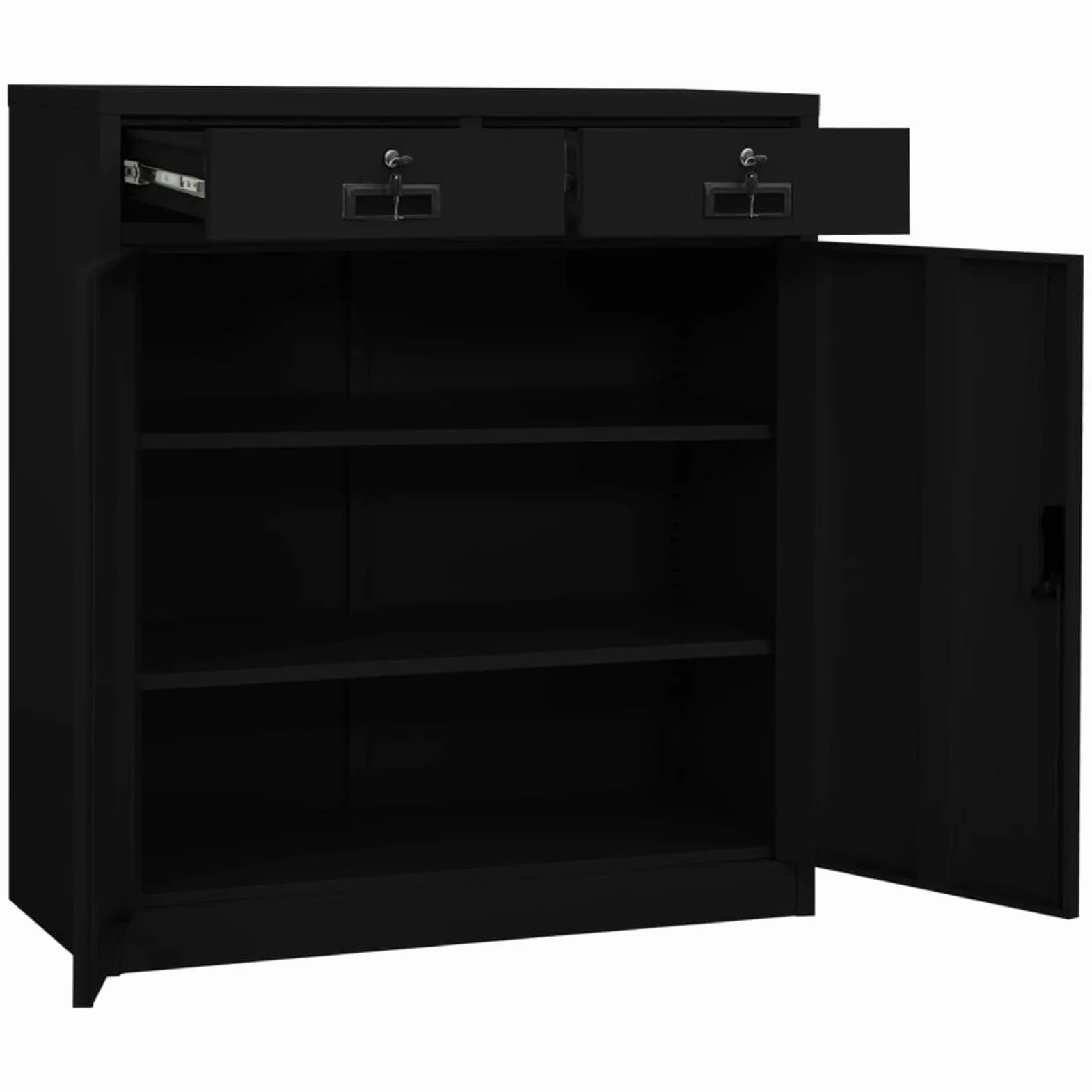 Szafka na akta, czarna, stalowa, 90 x 40 x 102 cm, z 2 półkami o regulowanej wysokości, 2 szufladami na łożyskach kulkowych i zamkami bezpieczeństwa – organizacja biura