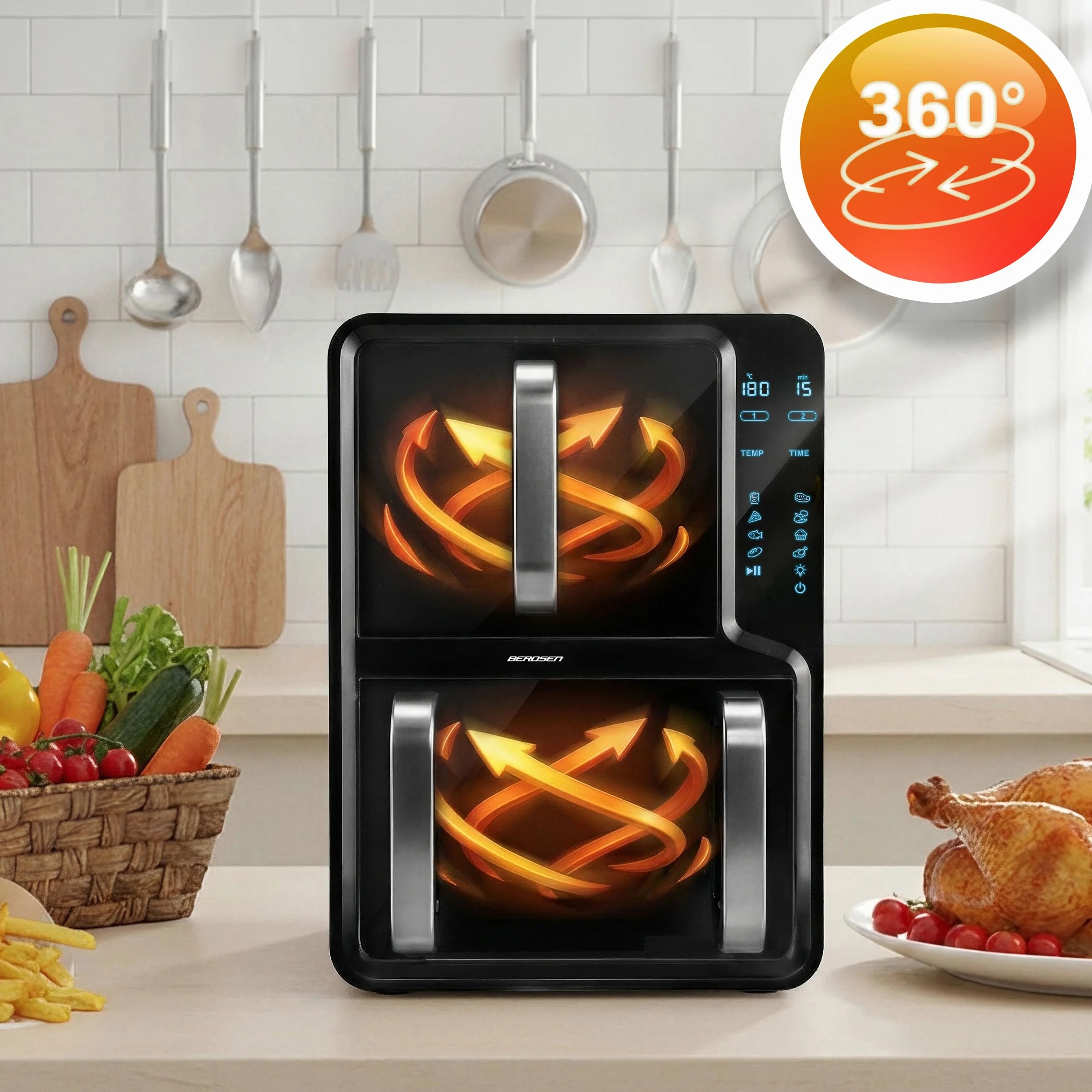 Berdsen Frytkownica Beztłuszczowa Airfryer 12 l Dwukomorowa 2800 W 8 Programów Ekran Dotykowy Czarna