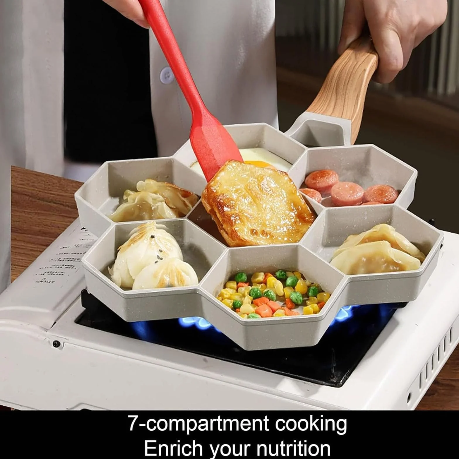 Nieprzywierająca patelnia do naleśników, 7-otworowa patelnia do omletów i mini naleśników, patelnia do jajek 21 cm z długim uchwytem na piknik, kemping i grille balkonowe