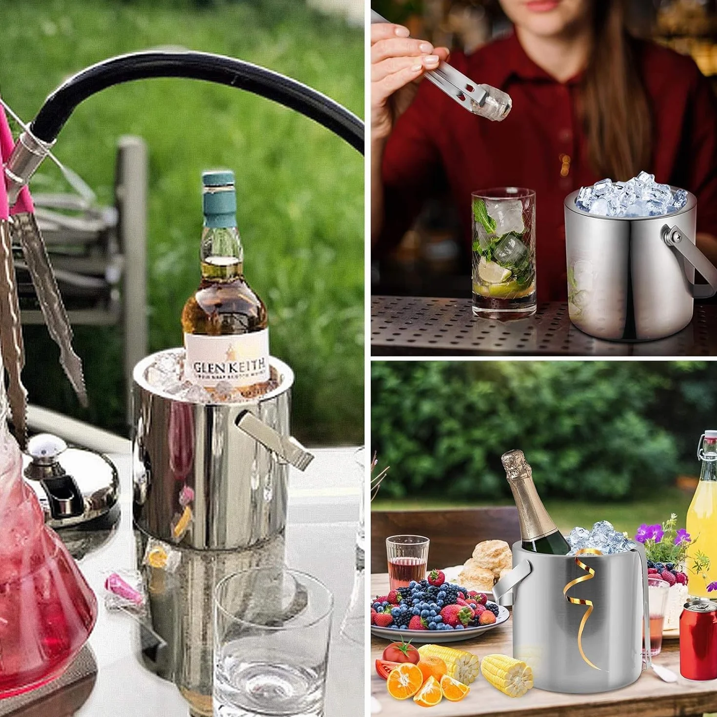 Wiadro na lód z pokrywką, szczypce i sitko, 3 l, pojemnik na lód, pojemnik na lód, pojemnik na lód, pojemnik na lód, pojemnik na lód, pojemnik na kostki lodu, na imprezę, do restauracji,