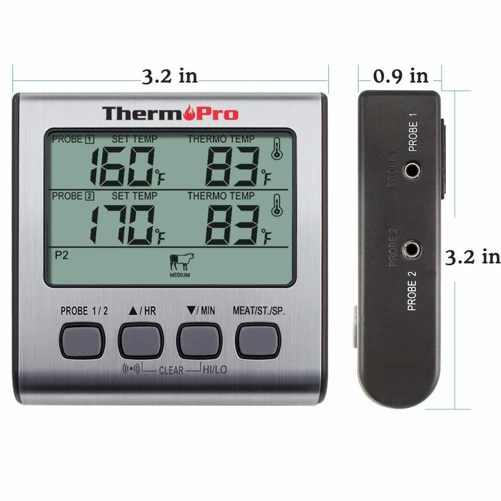 ThermoPro TP17 Cyfrowy termometr do mięsa Termometr do żywności Podwójne sondy temperatury żywności do palacza Piekarnik kuchenny Duży termometr kuchenny z podświetleniem LCD z alarmem czasowym