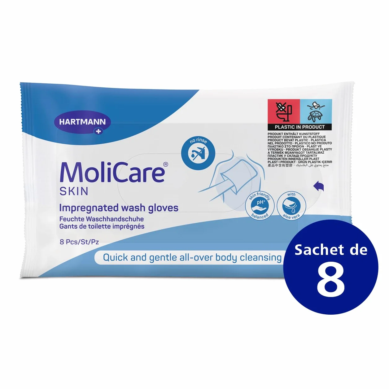 MoliCare Skin - Impregnowane rękawice toaletowe na każdą okazję - mogą być podgrzewane lub chłodzone - pH neutralne dla skóry - 8 sztuk