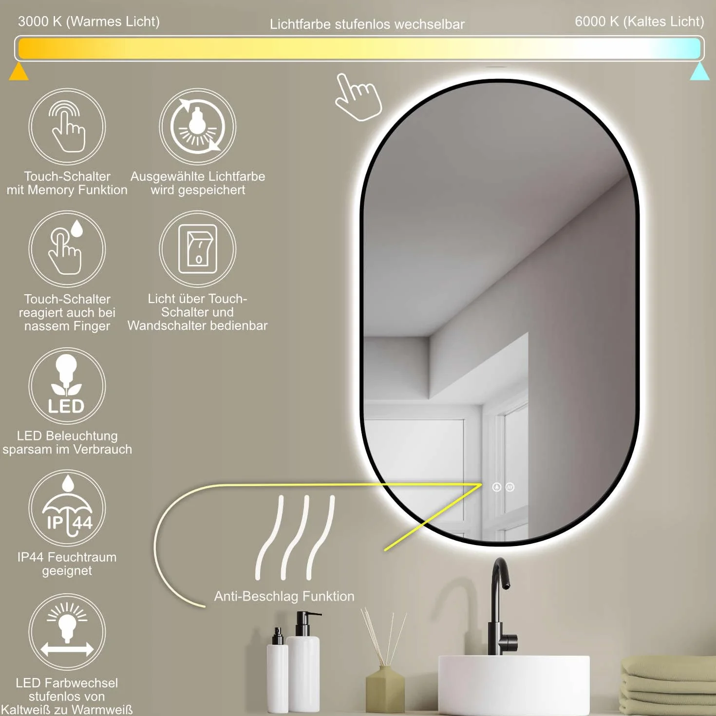 HOKO Designerskie lustro LED przeciwmgielne owalne 60 x 100 cm / 100 x 60 cm Florencja + metalowa rama czarna. Montaż pionowy + poziomy. Lustro łazienkowe duże + 2 przełączniki dotykowe + światło LED