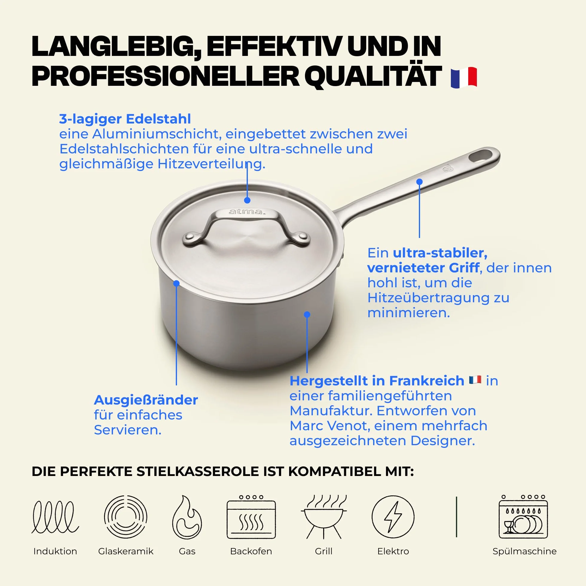Atma - 3-warstwowy garnek ze stali nierdzewnej 16 cm z pokrywką - gotowanie jednorodne - bez PFAS, PFOA, PTFE - podziałka wewnętrzna, krawędzie nalewania - wszystkie palniki, w tym indukcyjne