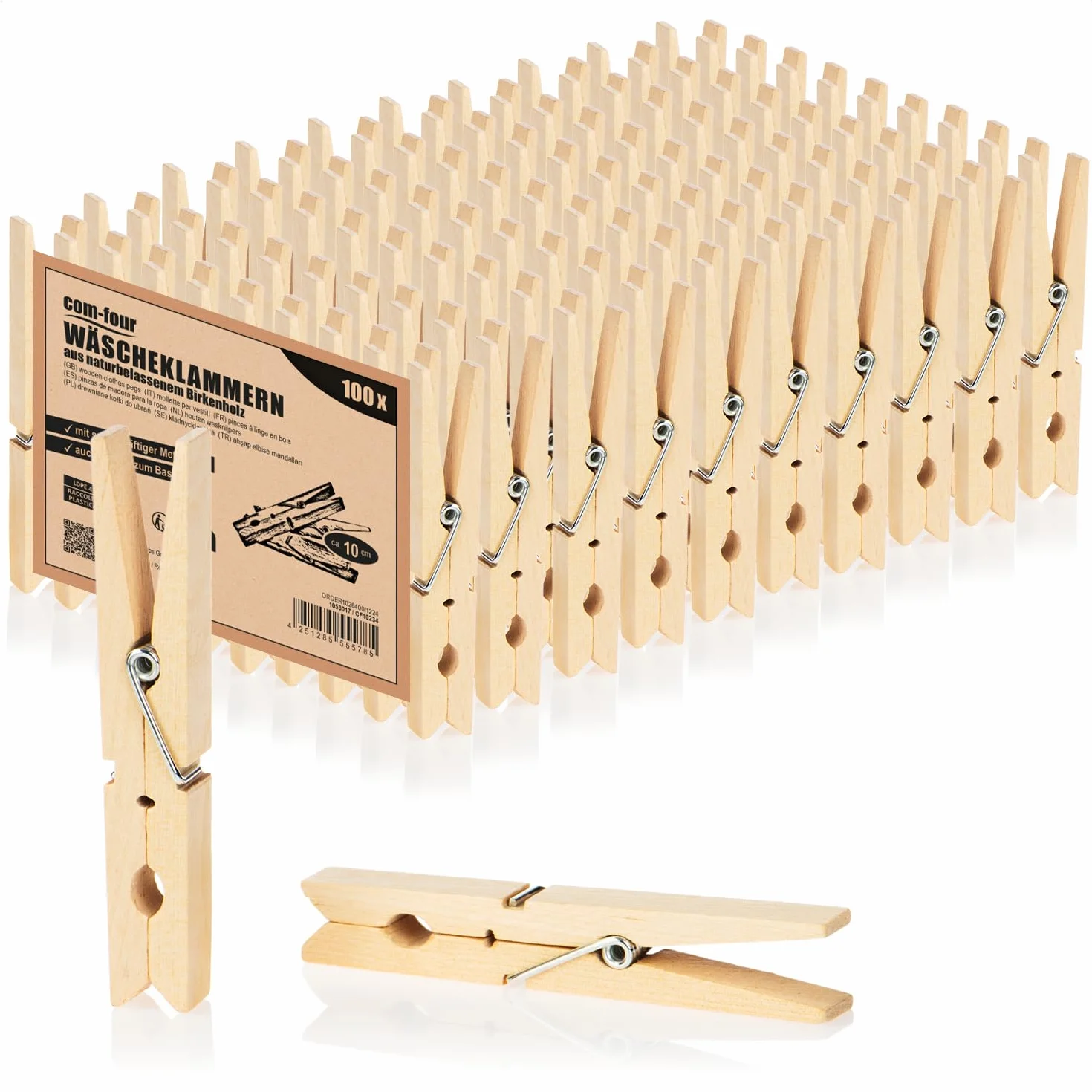 COM-FOUR® 100x XXL Drewniane spinacze do bielizny - trwale drewniane klamerki z drewna brzozowego - klamerki do wieszania ubran, ok. 10 cm (100 sztuk - brzoza - XXL)