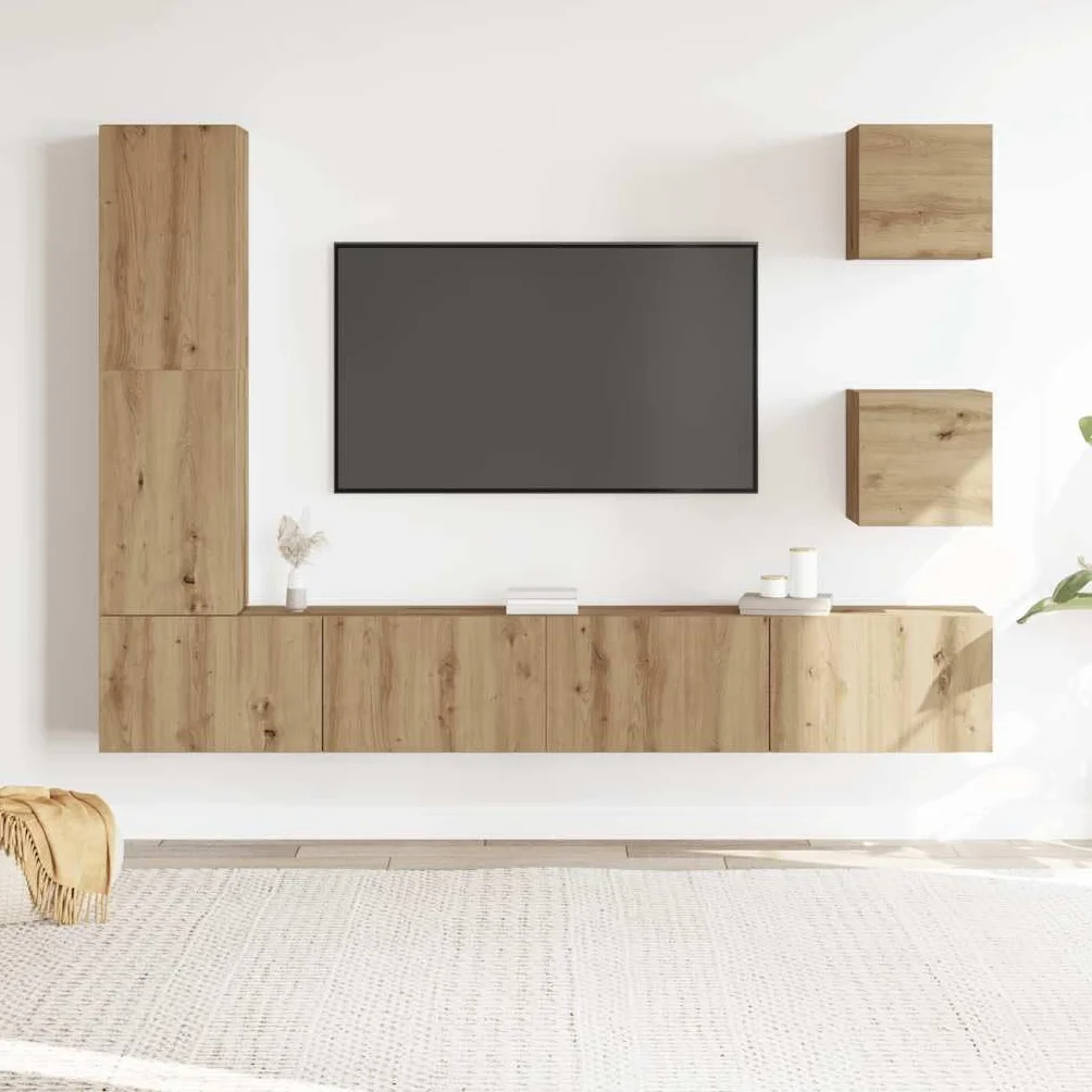 5-częściowy zestaw szafek telewizyjnych, montaż ścienny, dąb Artisan, materiał drewnopochodny, szafka do salonu, stolik telewizyjny do recepcji, gabinetu