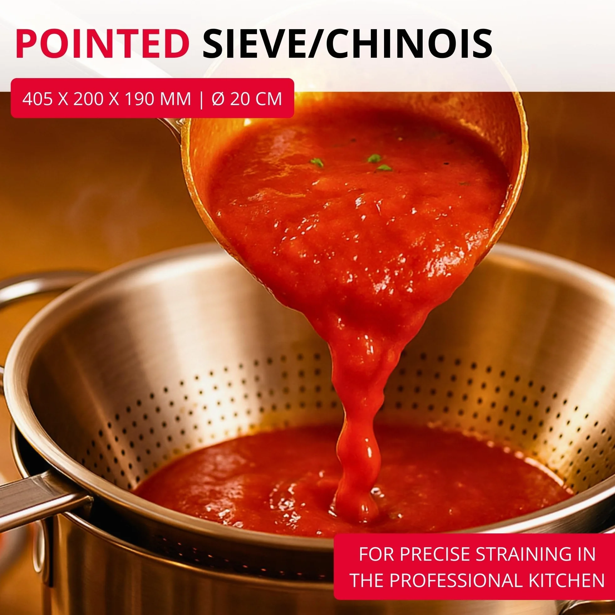 Westmark Sito szpiczaste Chinois Pro – drobne sitko z perforacją na całym obwodzie – sito ze stali nierdzewnej – optymalne do bulionów, kremów i sosów – srebrne, Ø 20 cm