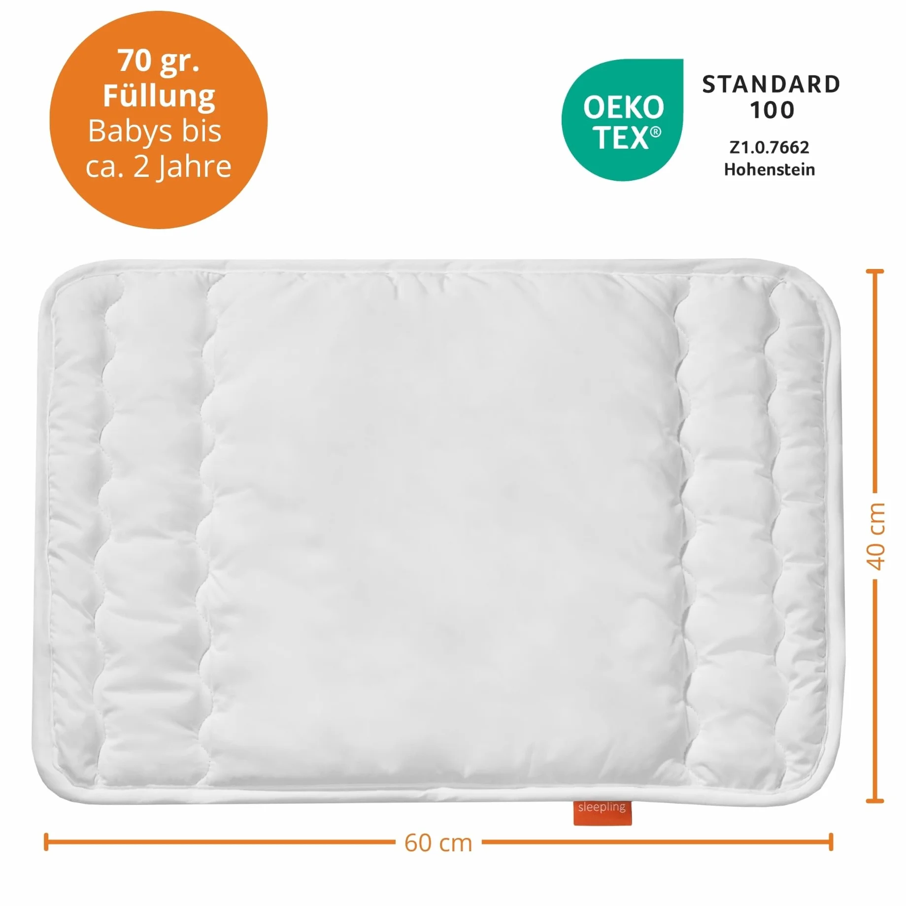 sleepling Poduszka pod głowę dla niemowląt, płaska poduszka 40 x 60 cm, wyprodukowano w UE, nadaje się do prania w 60 stopniach, Ökotex 100, biała