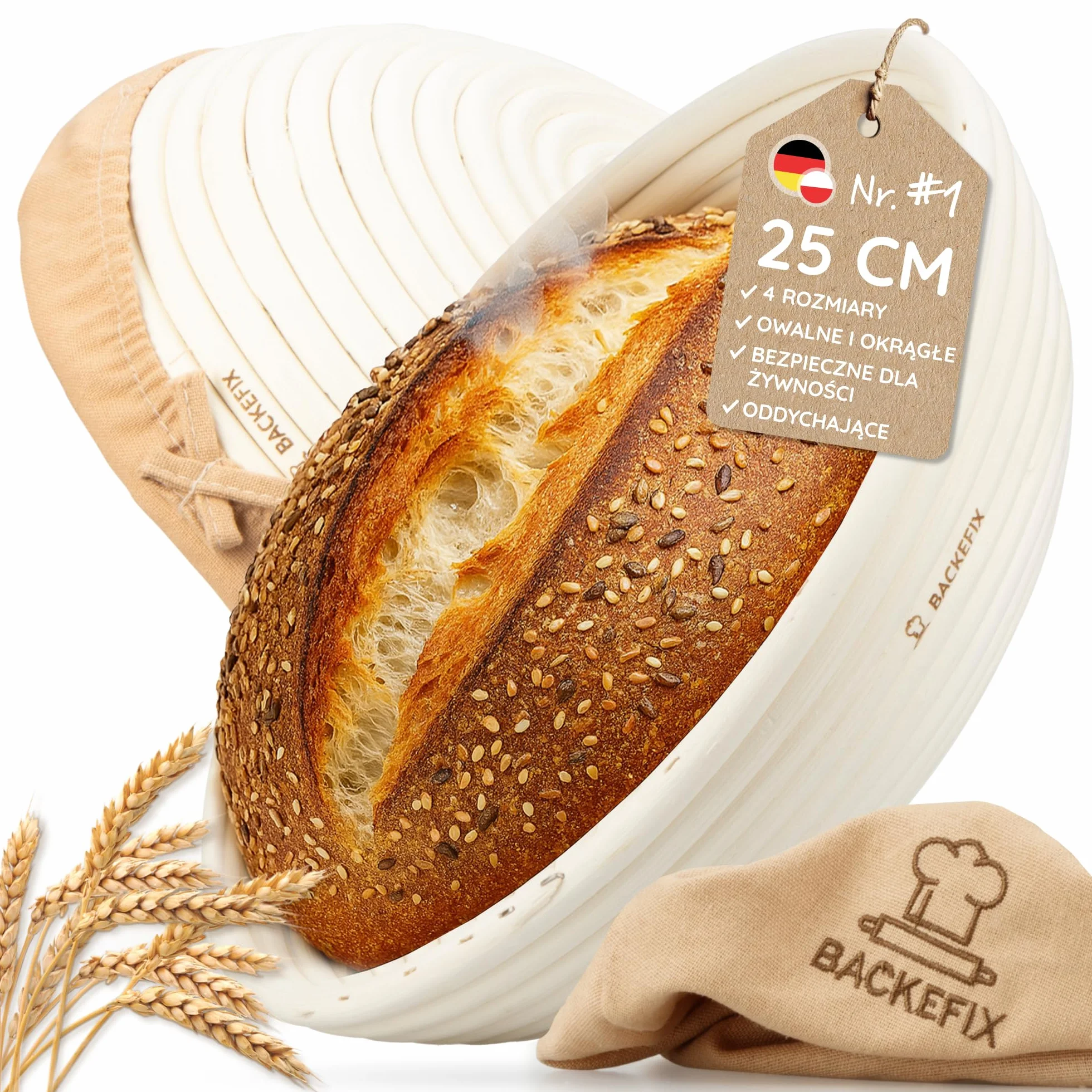 Backefix Koszyk do garowania chleba okrągły 25 cm wewnątrz mały 500 g do 1 kg chleba – zrównoważone i naturalne pieczenie chleba z koszem do garowania | koszyk do pieczenia chleba | odnawialna rura do