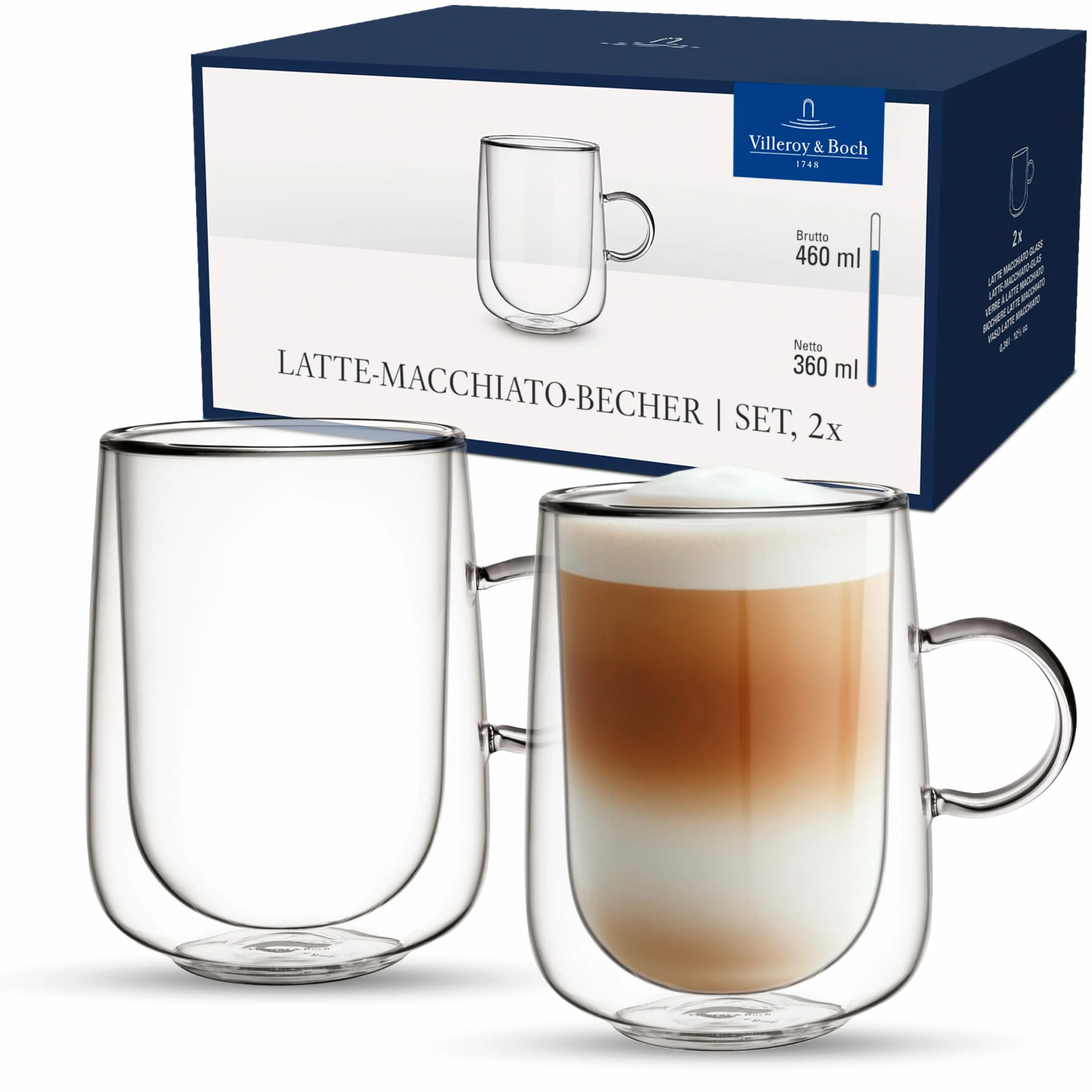Villeroy & Boch – Artesano Hot&Cold Beverages szklanka z uchwytem do latte macchiato, zestaw 2 szklanek, podwójne ścianki, 360 ml, szkło borokrzemowe, zmywarka, mikrofala