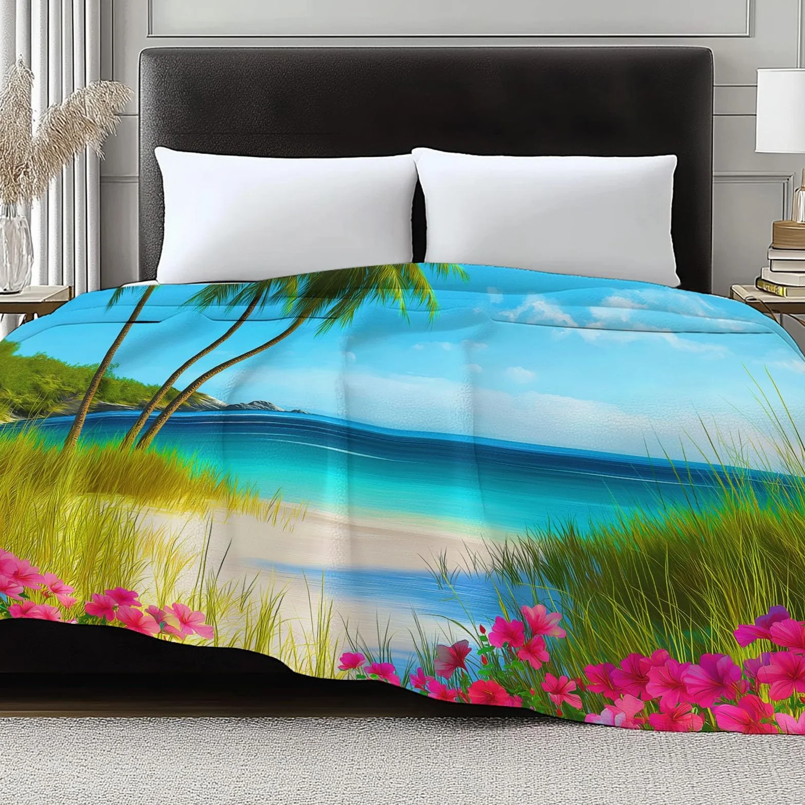 Koc flanelowy 220 x 240 cm, tropikalna plaża, palmy, narzuta na kanapę, do łóżka i łóżka, miękka i ciepła flanela, niebieski
