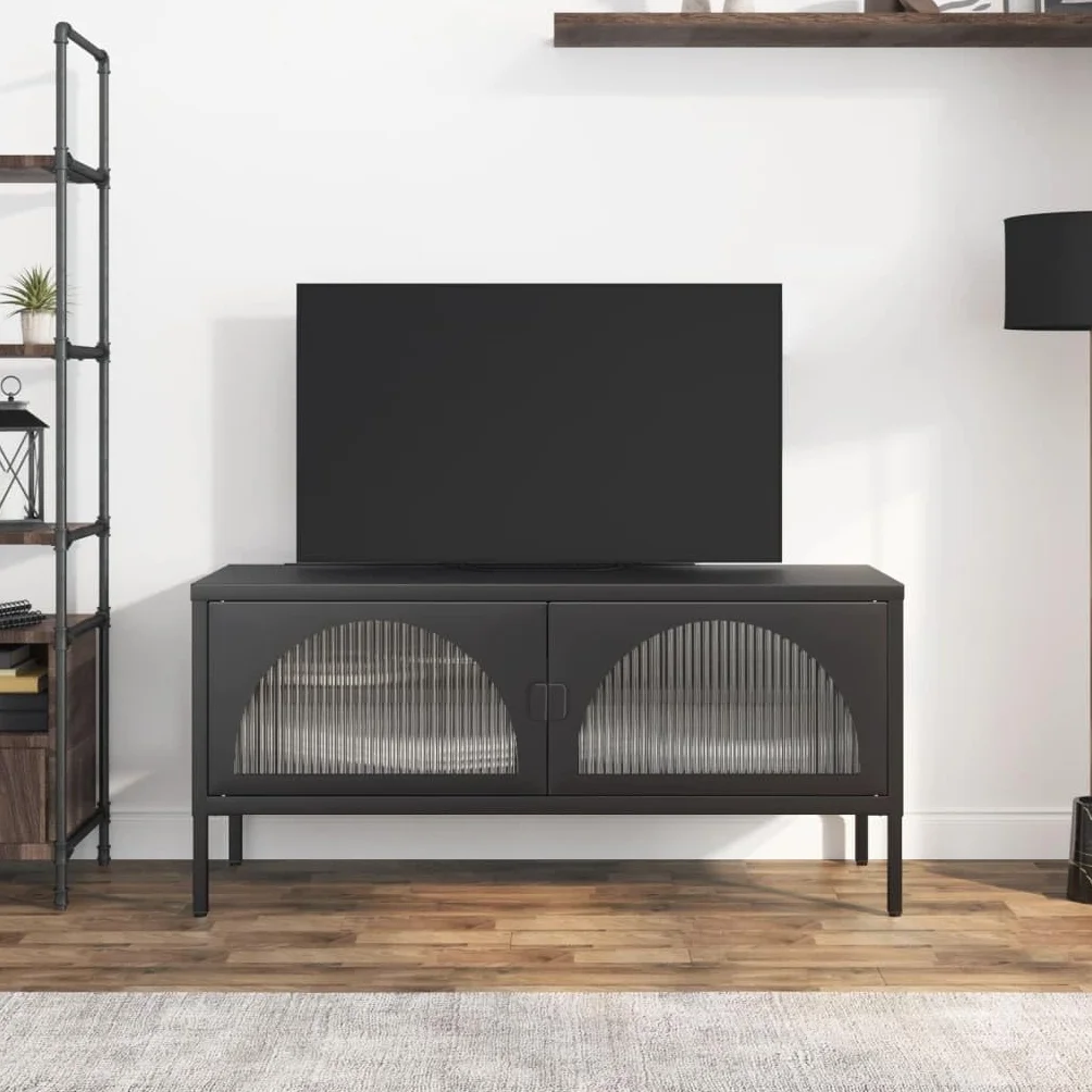 Szafka pod telewizor, czarna, 105 x 35 x 50 cm, szkiełko, stal malowana proszkowo, nowoczesna, do salonu, konsola multimedialna