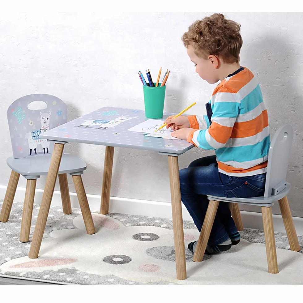 Kesper | stolik dziecięcy z 2 krzesłami, materiał: płyta pilśniowa, wymiary: 55 x 55 x 45 cm, motyw: alpaka, kolor: szary | 17702 13