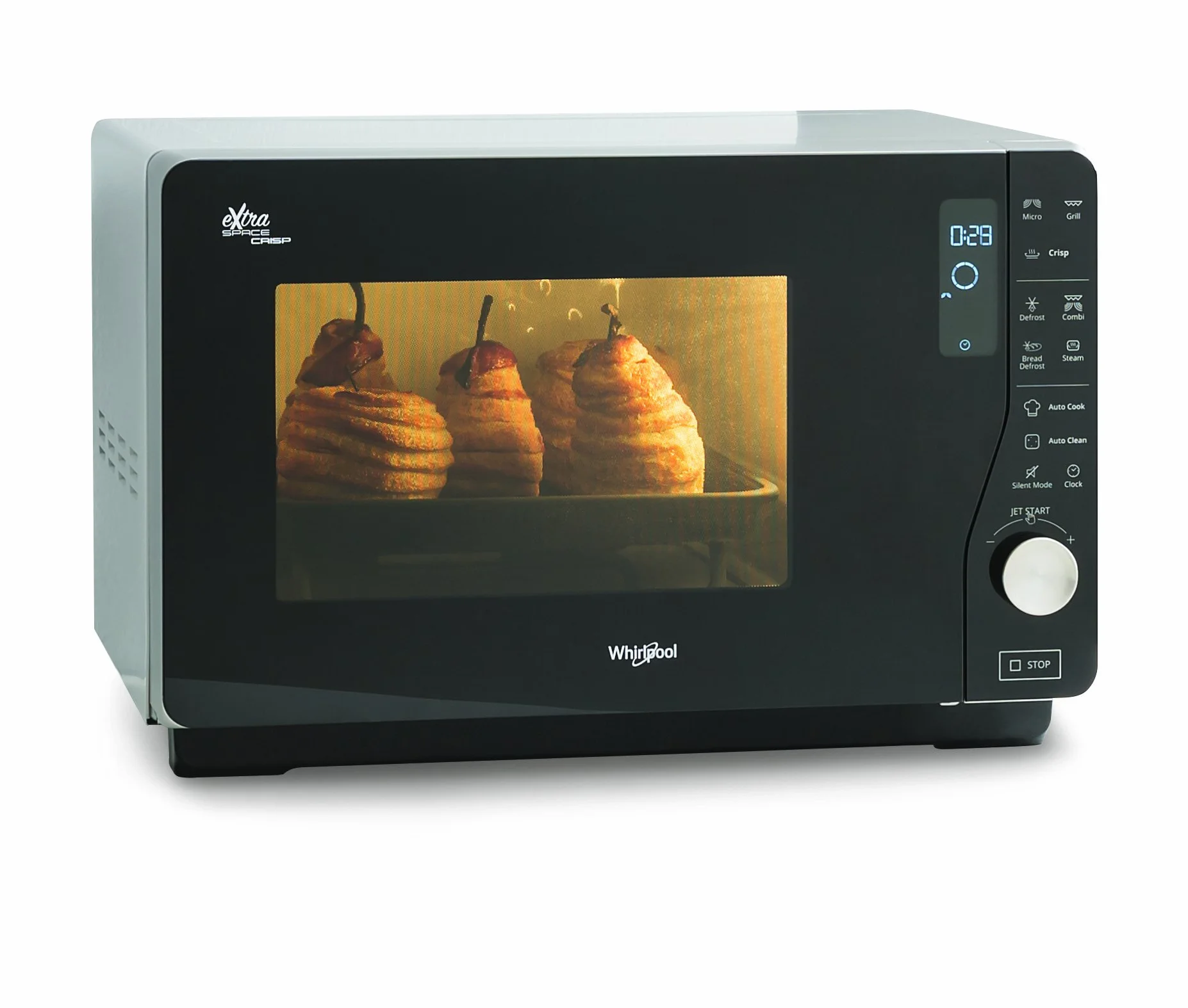 Whirlpool MWF 427 SL kuchenka mikrofalowa Extra Space + grill, pojemność 25 l, kolor srebrny, z steamerem, wysoki grill, płaski ruszt i wysoki ruszt Crisp + uchwyt, 800 + 1000 W