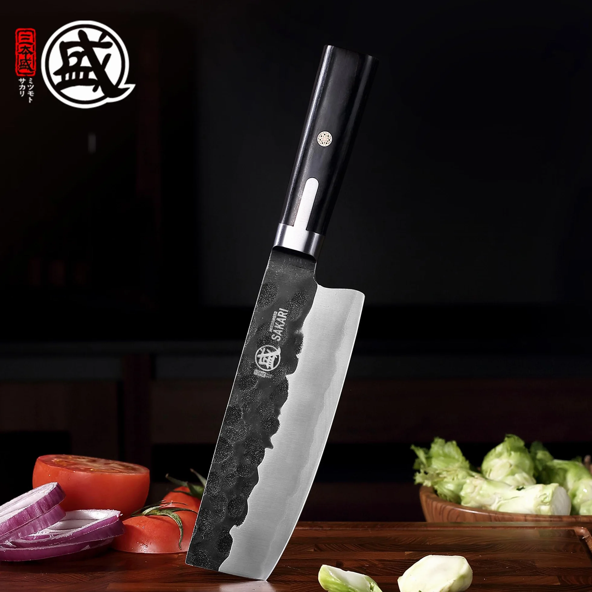 MITSUMOTO SAKARI Nóż Nakiri 17 cm, Nóż Kuchenny ze Stali Proszkowej S301 | Płaskie Ostrze, Czarna Rękojeść z Drewna Pakka, Przeznaczony Specjalnie do Obróbki Warzyw