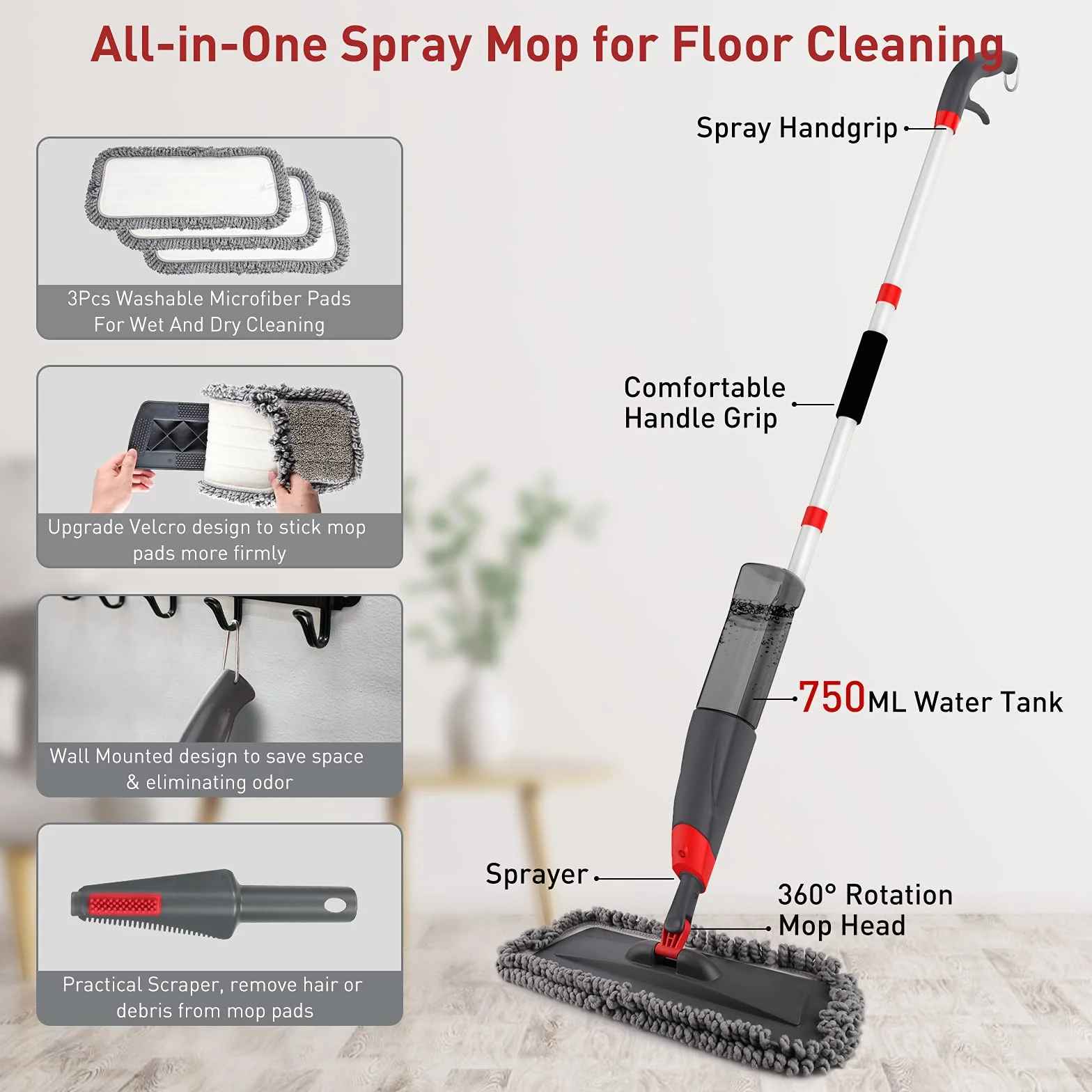 Mopy natryskowe do czyszczenia – 135 cm, 750 ml mopy natryskowe, mop podłogowy z mikrofibry do laminatu, płytek, ceramiki, czyszczenia podłóg z twardego drewna z 3 podkładkami wielokrotnego