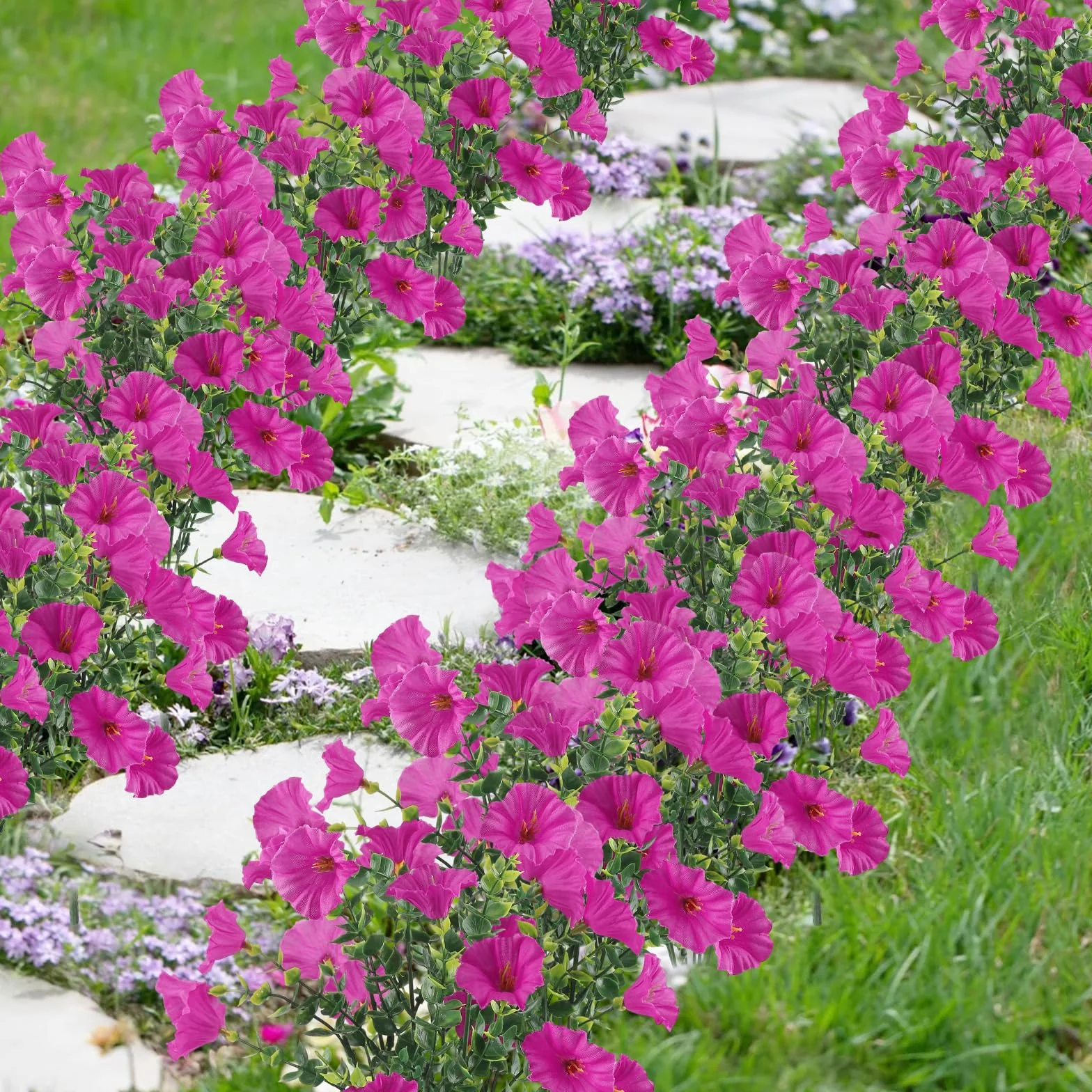YUE QIN Sztuczne kwiaty do użytku na zewnątrz, 6 wiązek sztucznych roślin balkonowych, pelargonie, sztuczne kwiaty, jak prawdziwa petunia, realistyczne plastikowe kwiaty do użytku na zewnątrz, do