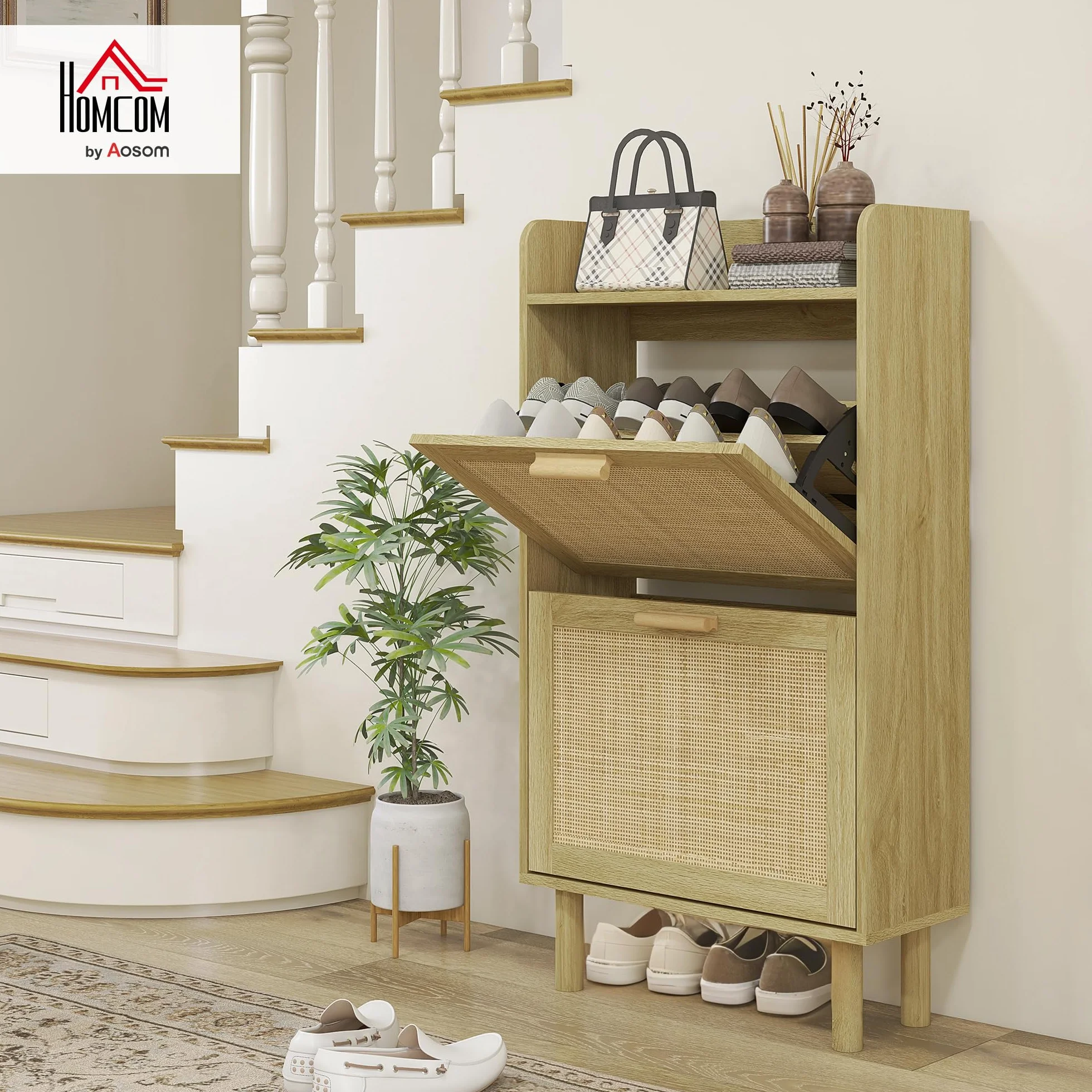 HOMCOM Szafka na buty, półka na buty, 2 drzwi opuszczane, 12 par, efekt plecionej żywicy boho design - niedz. 80 l x 24,5 l x 110H cm dąb