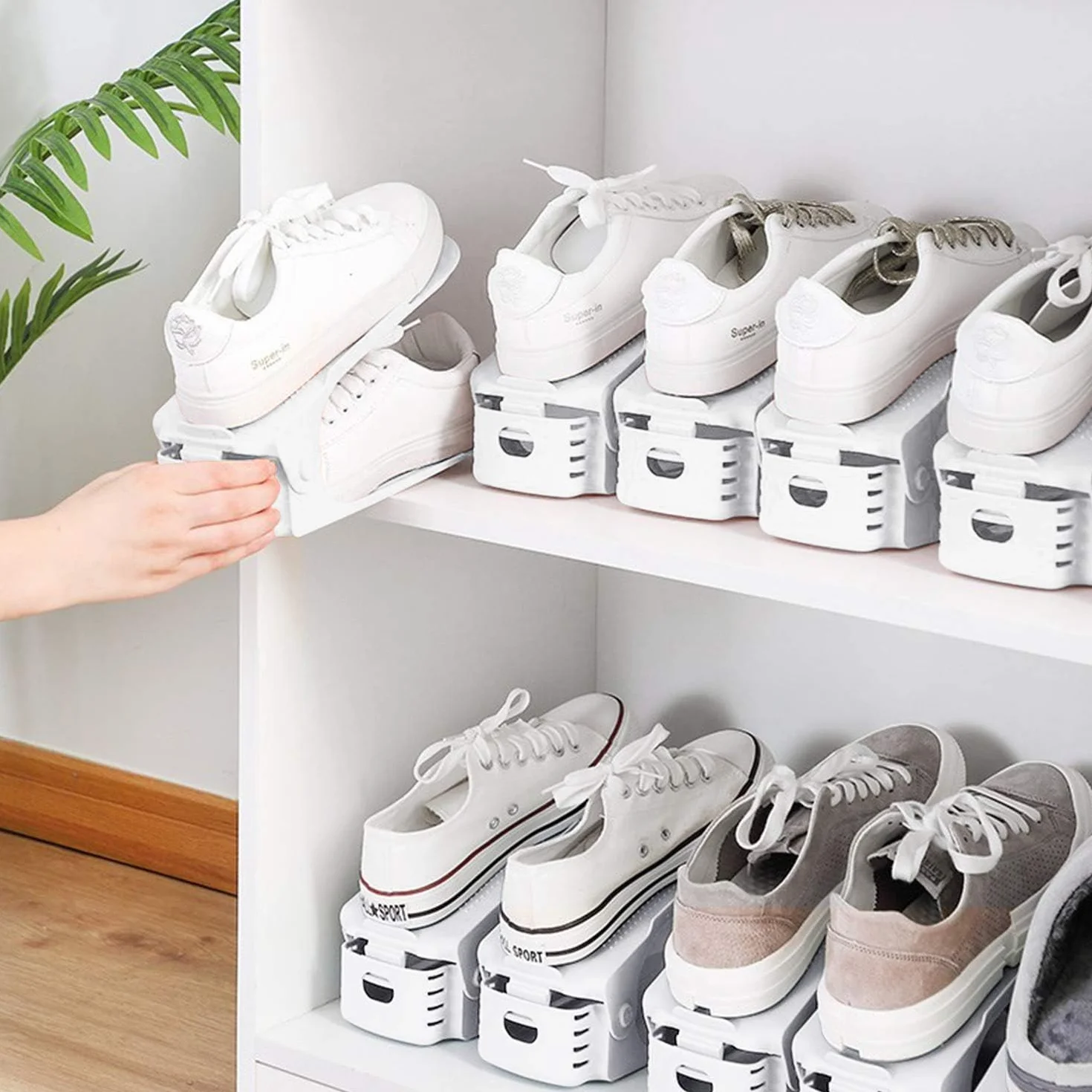YUENFONG Regulowane regały na buty, 10 sztuk, regulowany uchwyt na buty, 3 regulowane wysokości antypoślizgowe tworzywo sztuczne, stojak na buty do szafy, regał, kolor biały