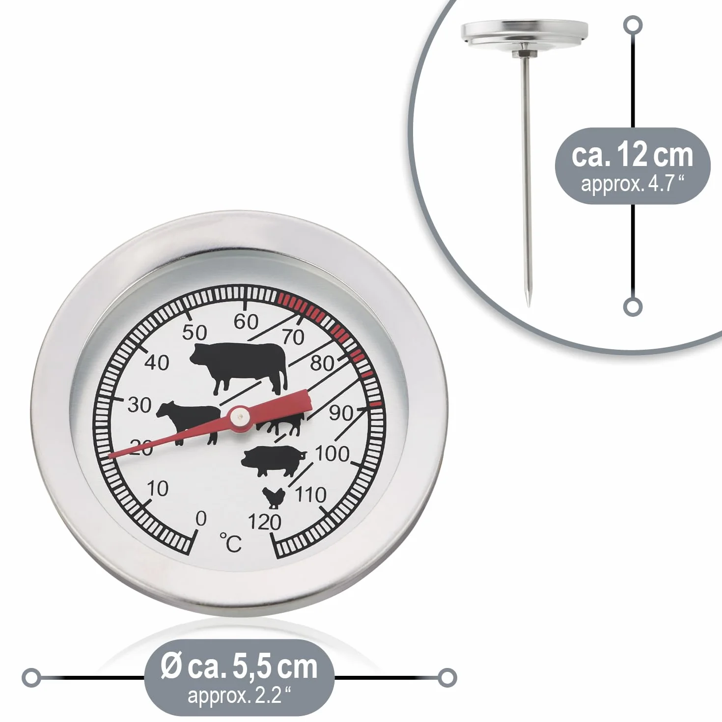 COM-FOUR® Termometr do pieczeni ze stali nierdzewnej - analogowy termometr do miesa do 120 °C - termometr do grilla - igla do miesa - 10 cm (001 sztuk)