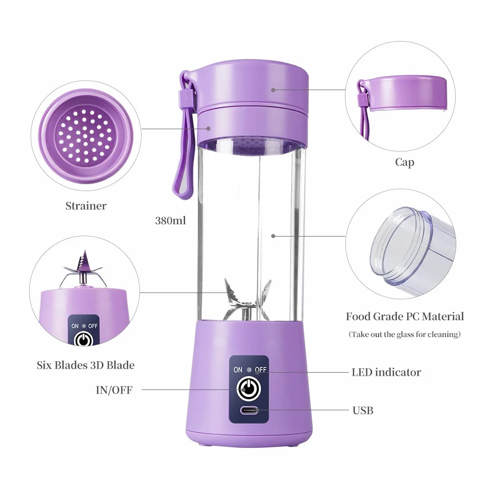 Przenośny blender, osobisty, sokowirówki, 380 ml, ręczny, do owoców, ładowany przez USB, z 6 ostrzami, podróżny do koktajli, jasnofioletowy