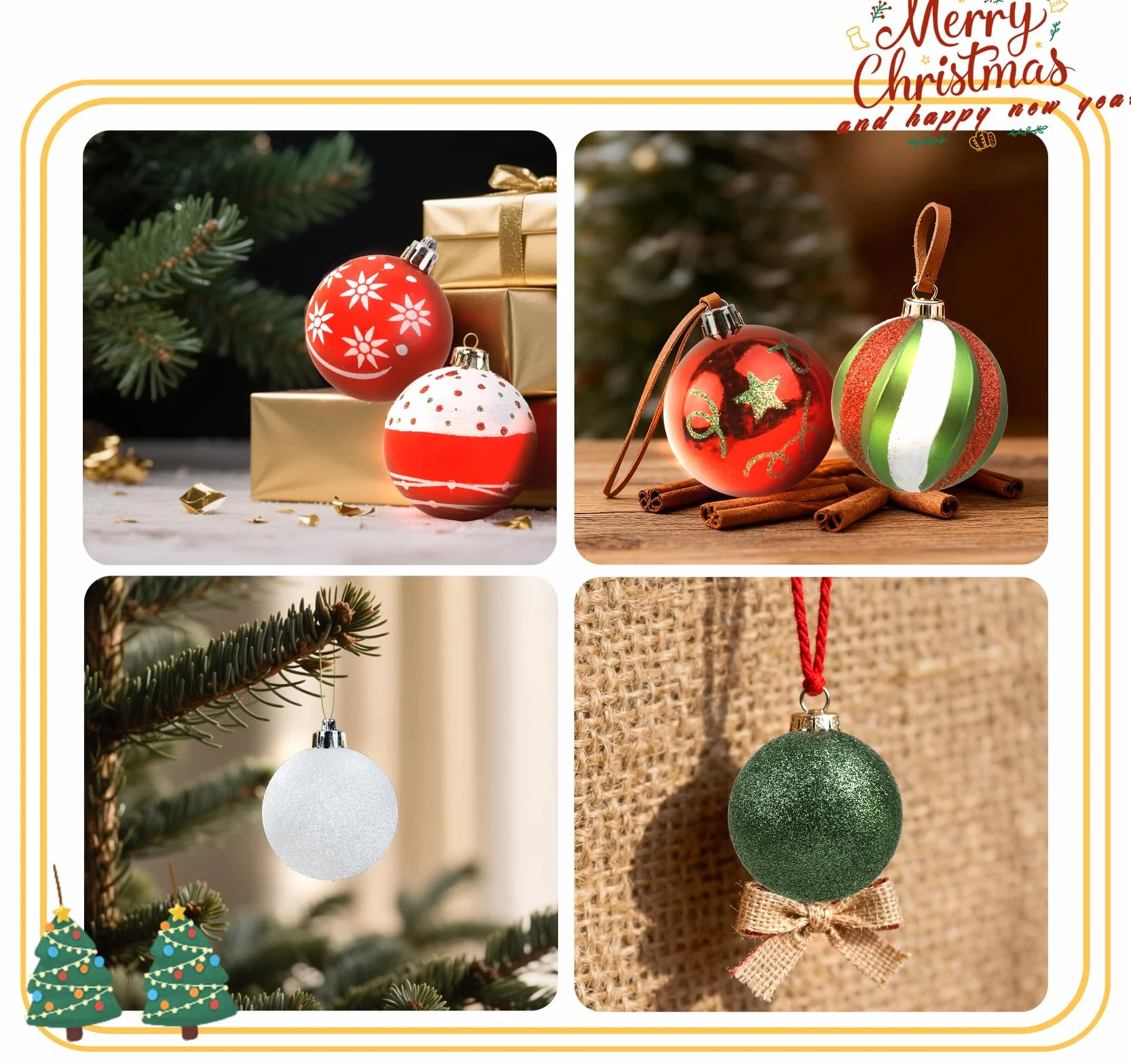 Bombki bożonarodzeniowe czerwone, zielone, białe, Anstore 6 stylów designu bombki choinkowe 6cm z tworzywa sztucznego ornament z zawieszką, 16 sztuk kolorowy zestaw ozdób choinkowych, ozdoby choinkowe