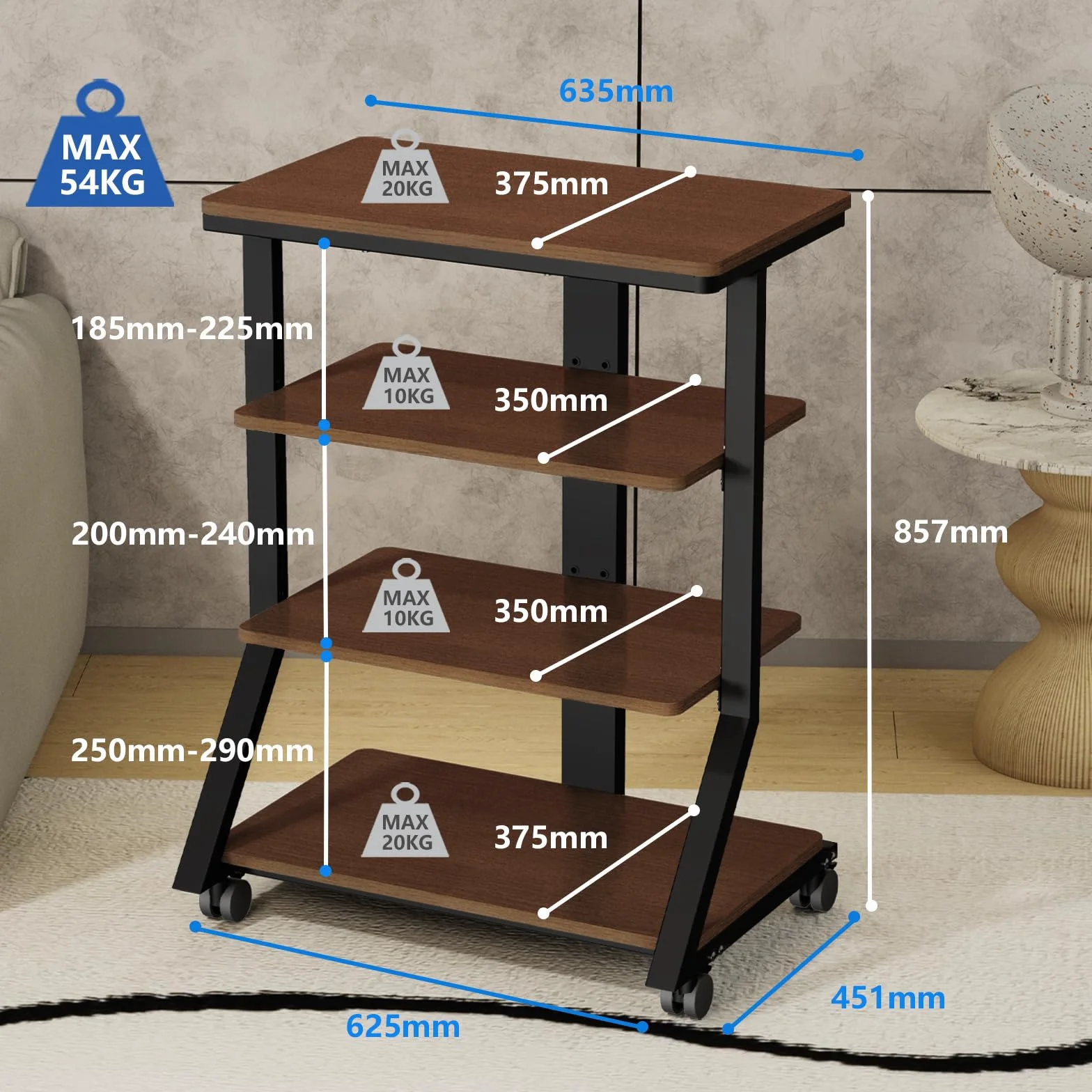5Rcom Stojaki i stojaki HiFi stojak na audio, regał AV, stojak, 4 poziomy, drewniane półki na gramofon, odtwarzacz płyt DVD, jednostka rozrywkowa, wielofunkcyjna regulacja wysokości, nośność 54 kg