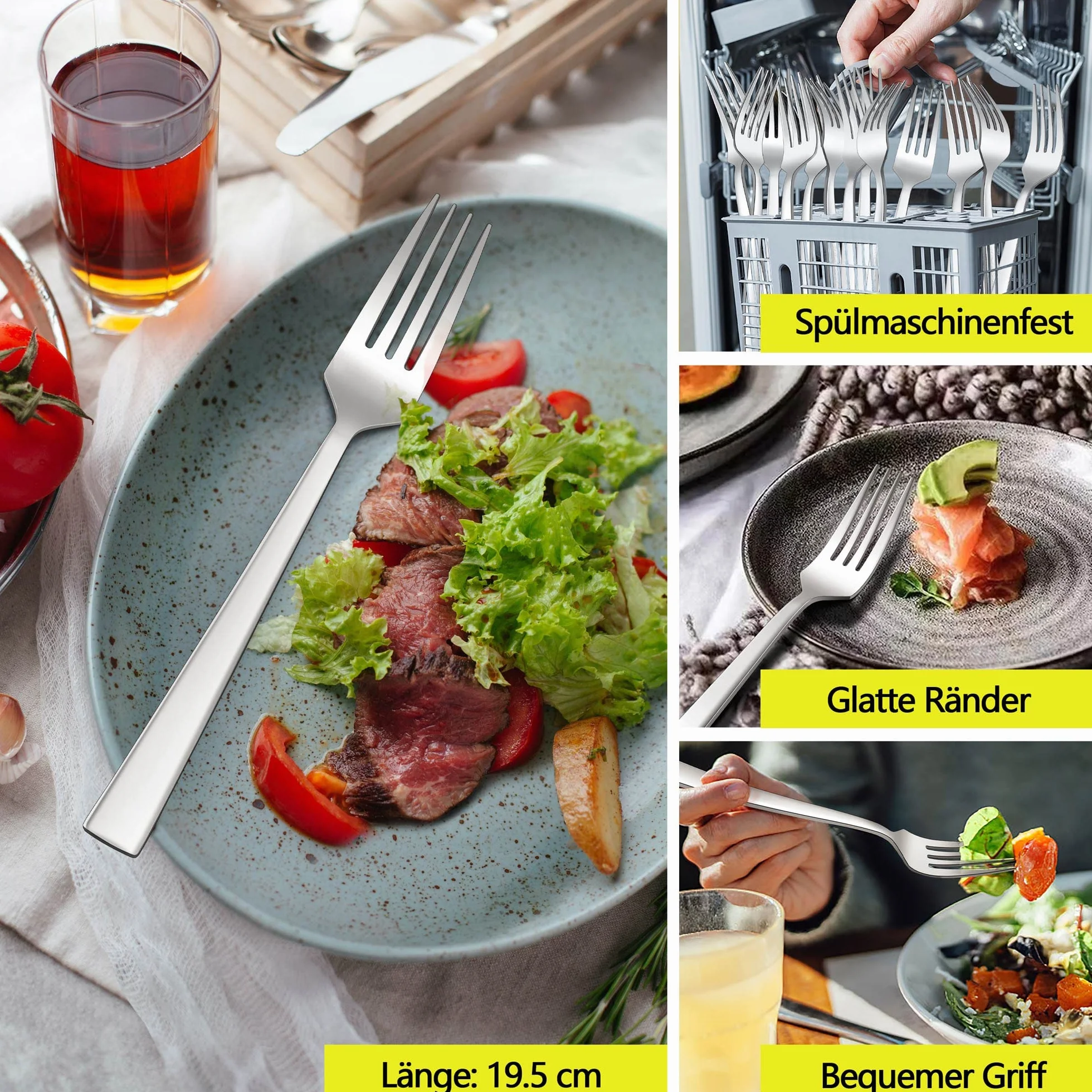 Joyfair Zestaw widelców stołowych ze stali nierdzewnej 19,5 cm, nowoczesny duży zestaw sztućców, eleganckie gospodarstwo domowe/restauracja/kuchnia, polerowane na lustro i nadają się do mycia w