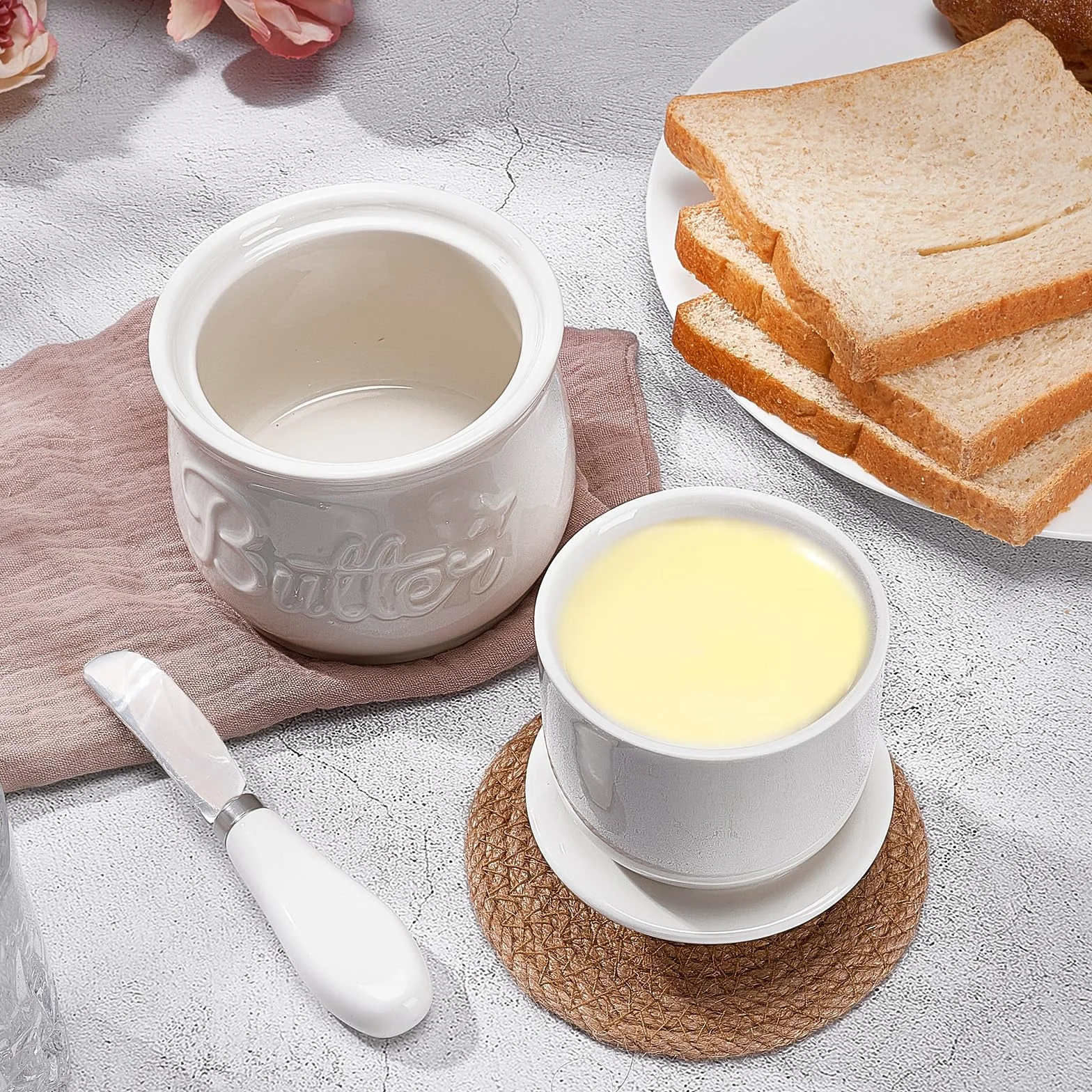 Francuska Maselniczka, Ceramiczny Dzbank na Masło z Pokrywką i Nożem do Masła, Pojemnik na Masło Chłodzony Wodą, Biały lub Kremowy, Wysokiej Jakości Porcelana, Styl Vintage