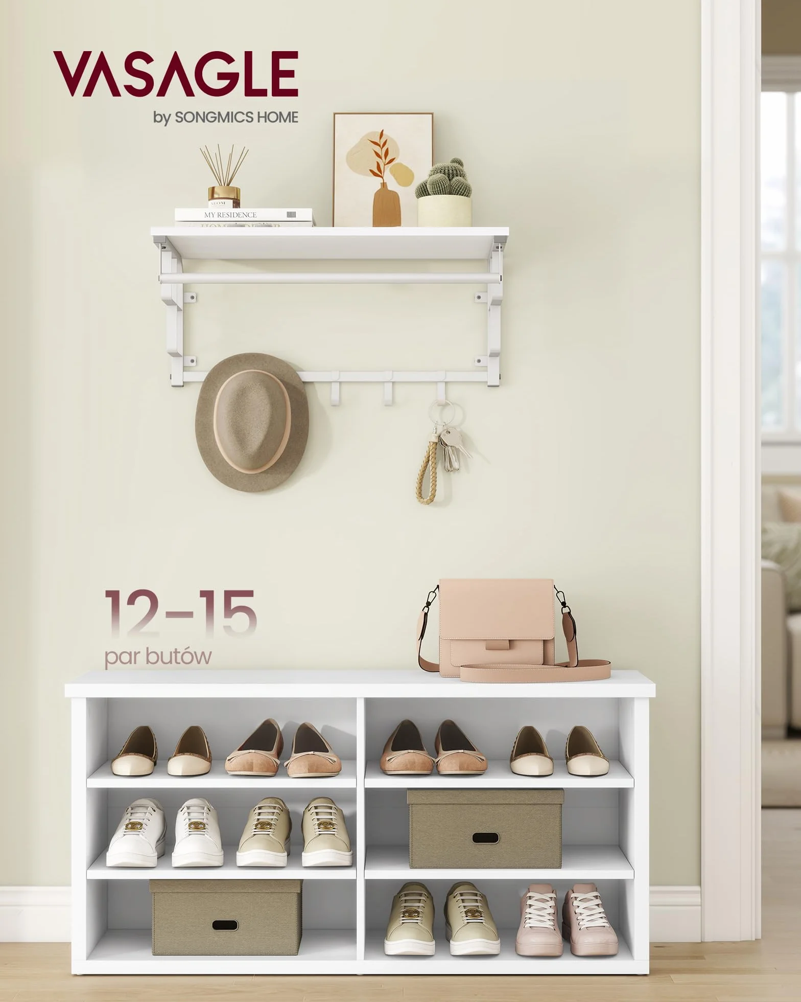 VASAGLE Ławka na buty, ławka ze schowkiem, 6-poziomowa półka na buty, regulowane półki, do salonu i przedpokoju, 29,5 x 100 x 50 cm, kolor Cloud White LSB036W01