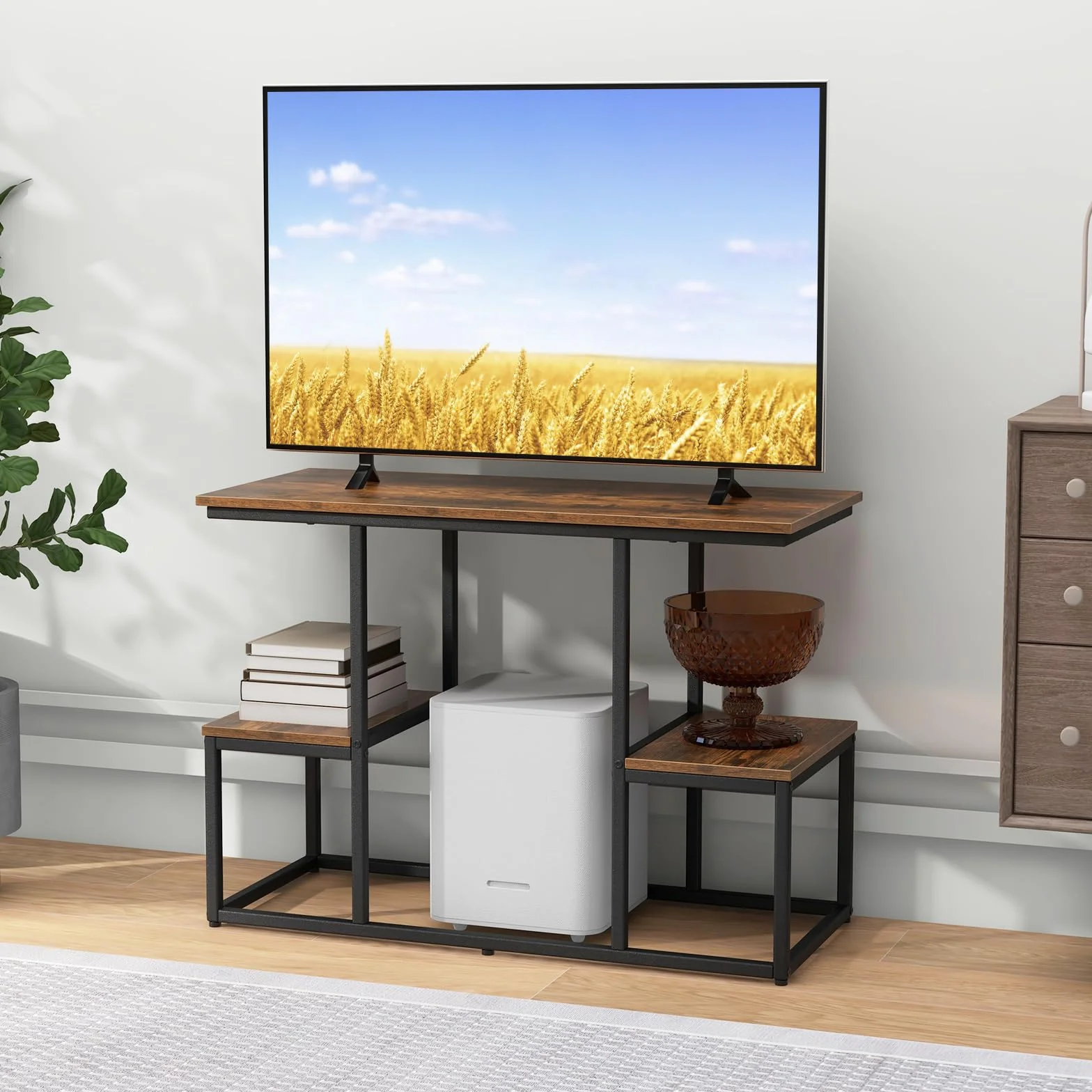 GOPLUS Konsola TV do 50" z Półkami Metalowa Rama 108x40x65 cm Rustykalny Brąz