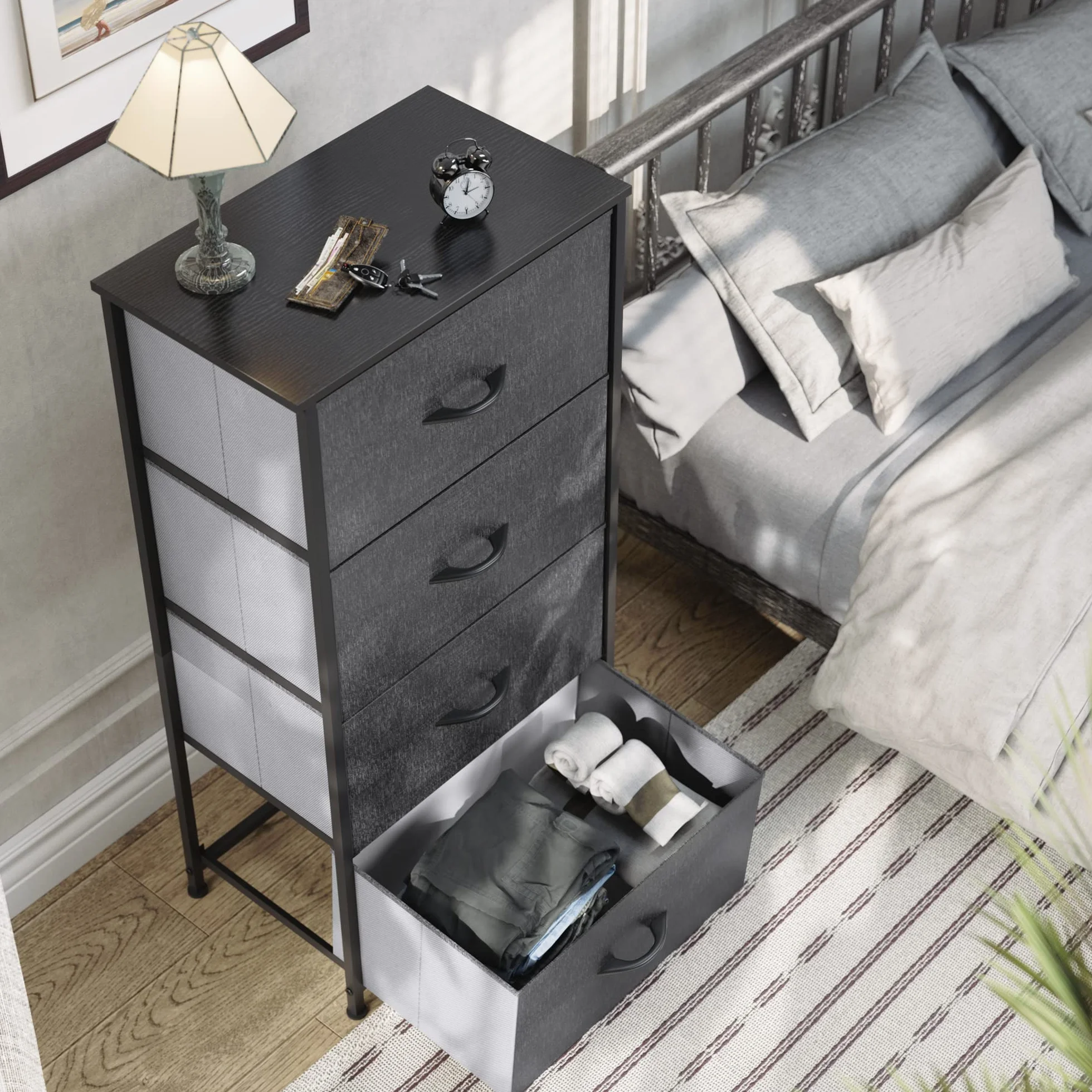 YITAHOME Komoda z 4 szufladami, szuflady do sypialni, komoda z tkaniny z drewnianym blatem, szafka do przechowywania szuflad do sypialni, salonu, pokoju dziecięcego, czarno-szara