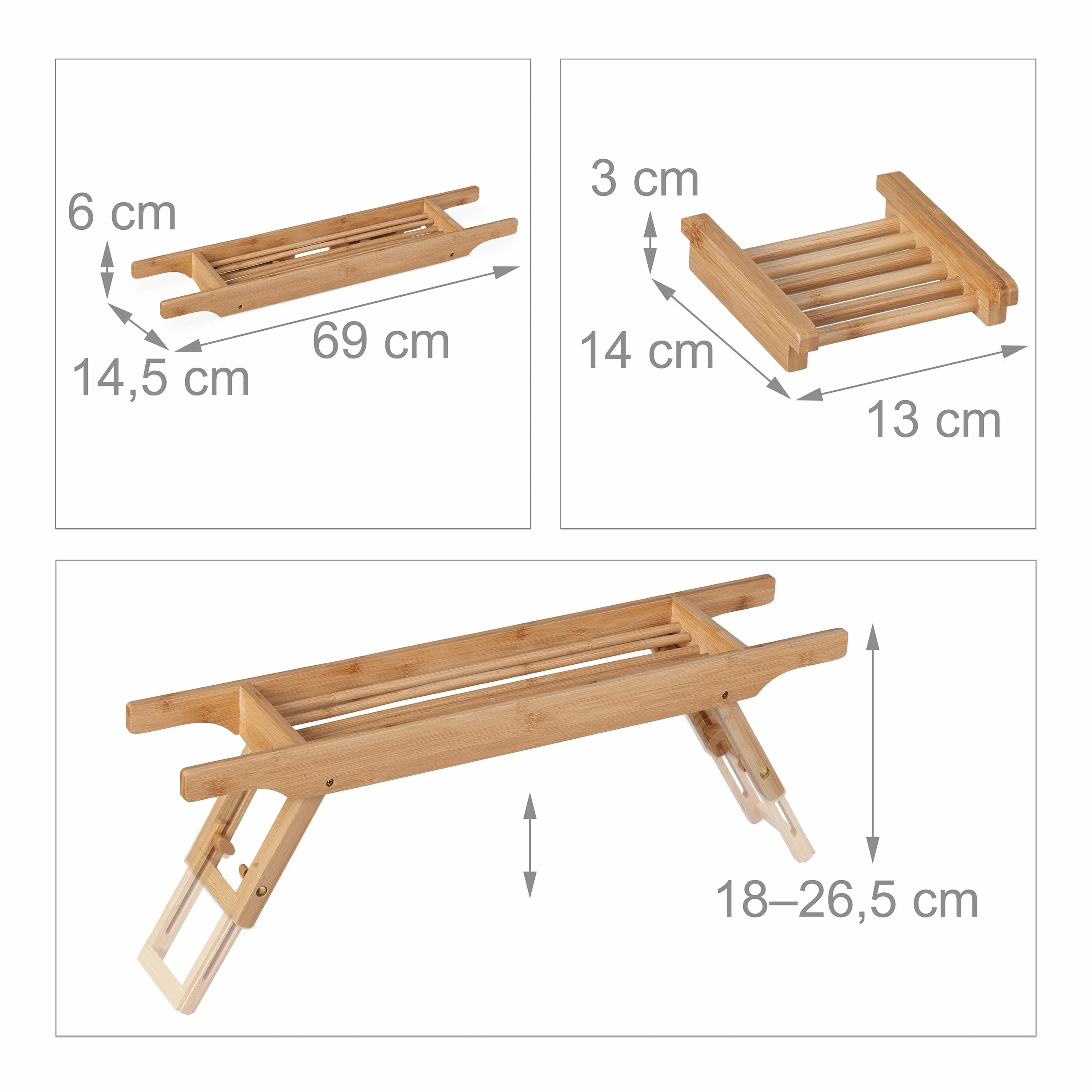 Relaxdays Bambusowa półka na wannę 69 cm rozkładane nóżki naturalna