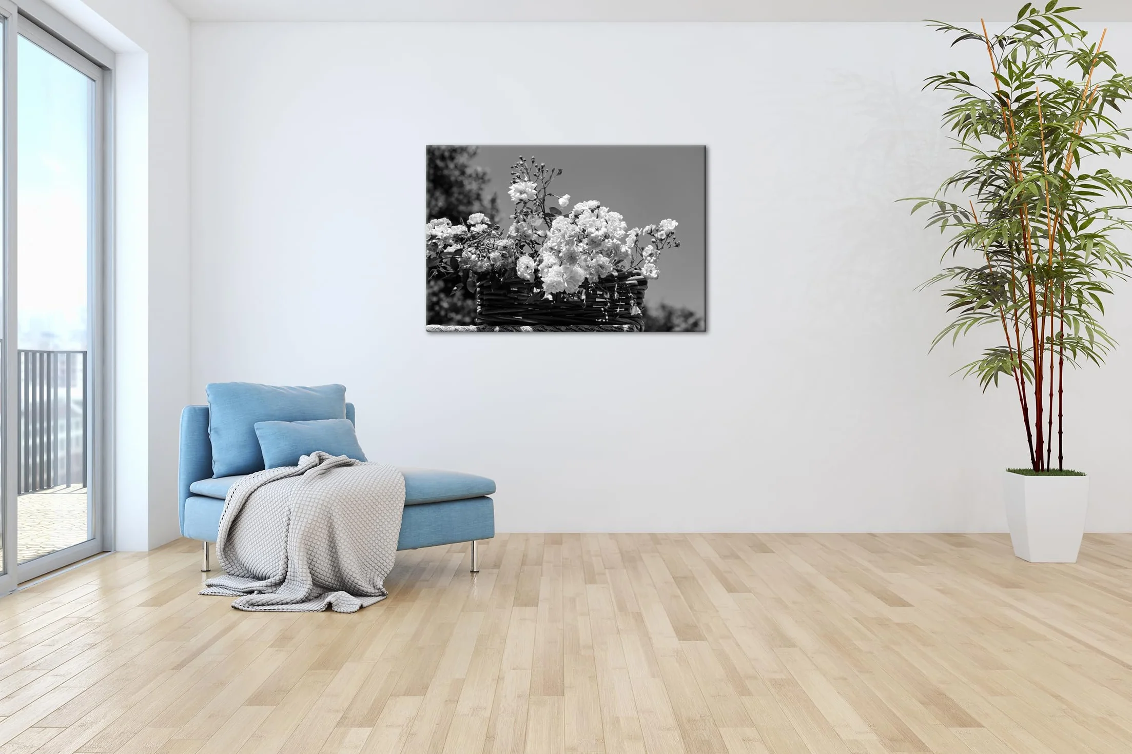 deyoli Przepiękny kosz na róże format: 90 x 60 cm efekt: czarno-biały jako obraz na płótnie, motyw oprawiony na ramie z prawdziwego drewna, wysokiej jakości druk cyfrowy z ramą