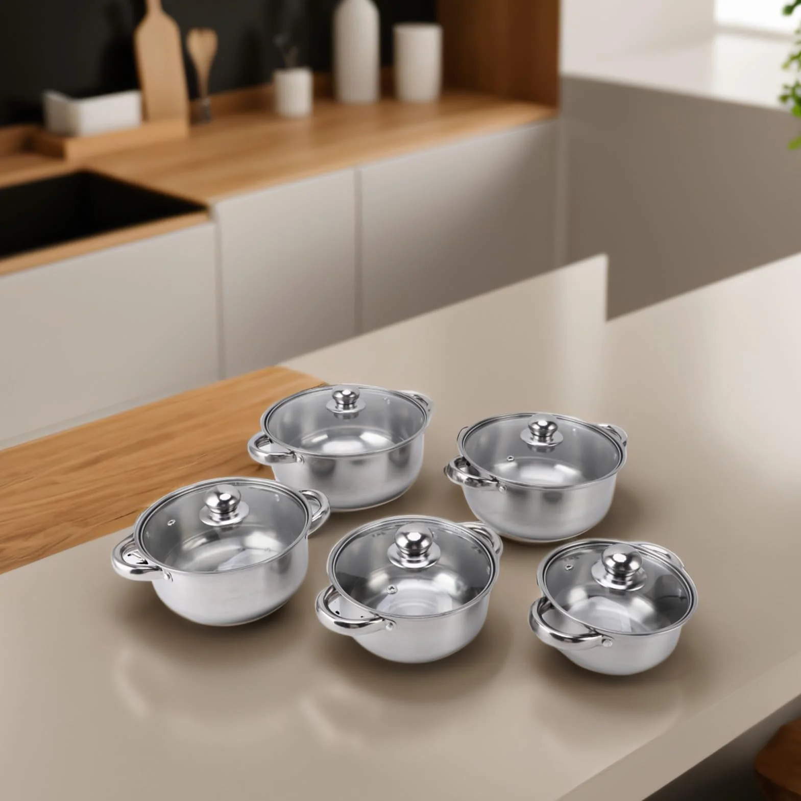 Wytrzymały zestaw garnków ze stali nierdzewnej, elegancki design ze szklaną pokrywką, garnki do wszechstronnego gotowania i łatwe czyszczenie, utrzymywanie chłodnych uchwytów, podstawa do układania w