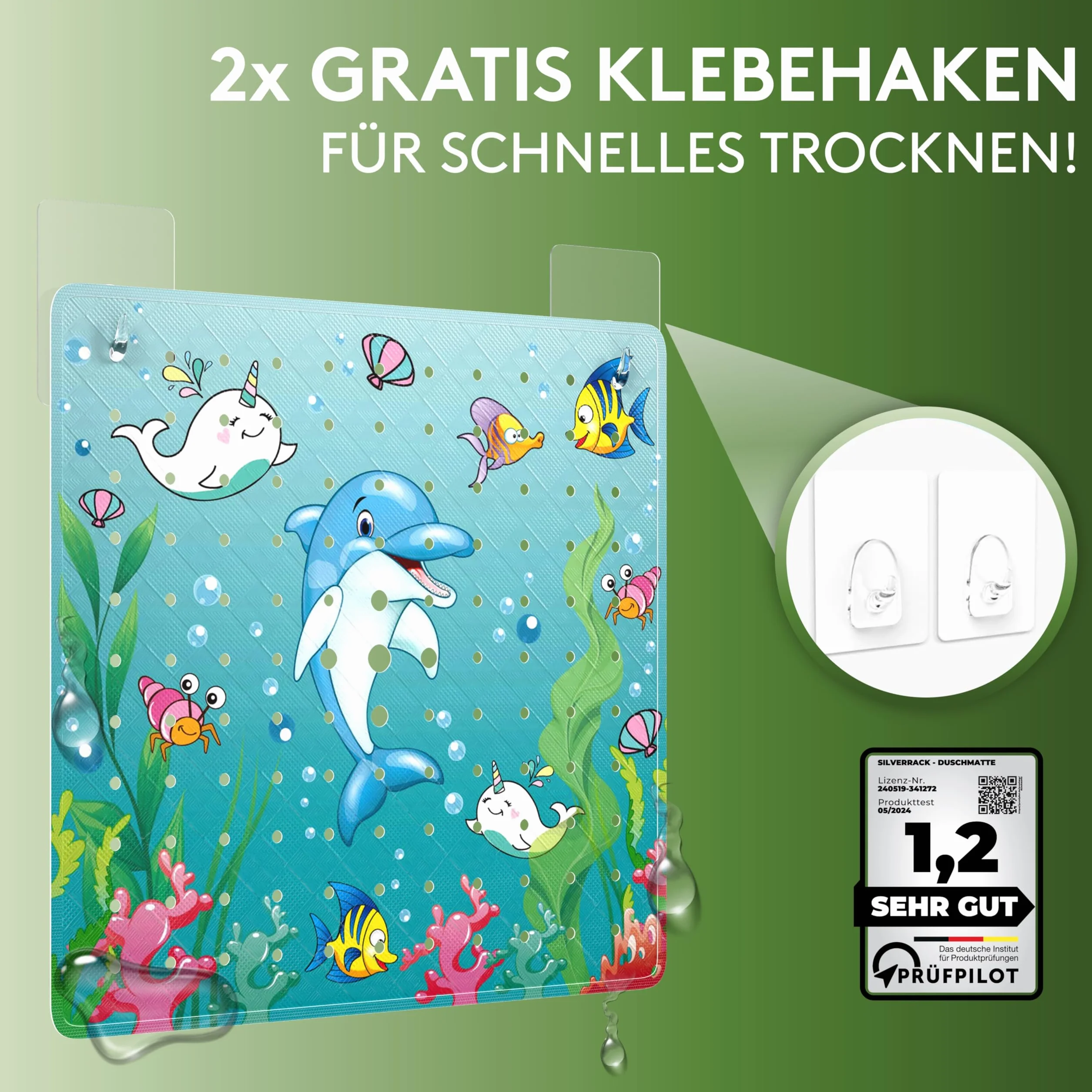 Antypoślizgowa mata prysznicowa dla dzieci 53x53 cm motyw delfina SilverRack bez BPA