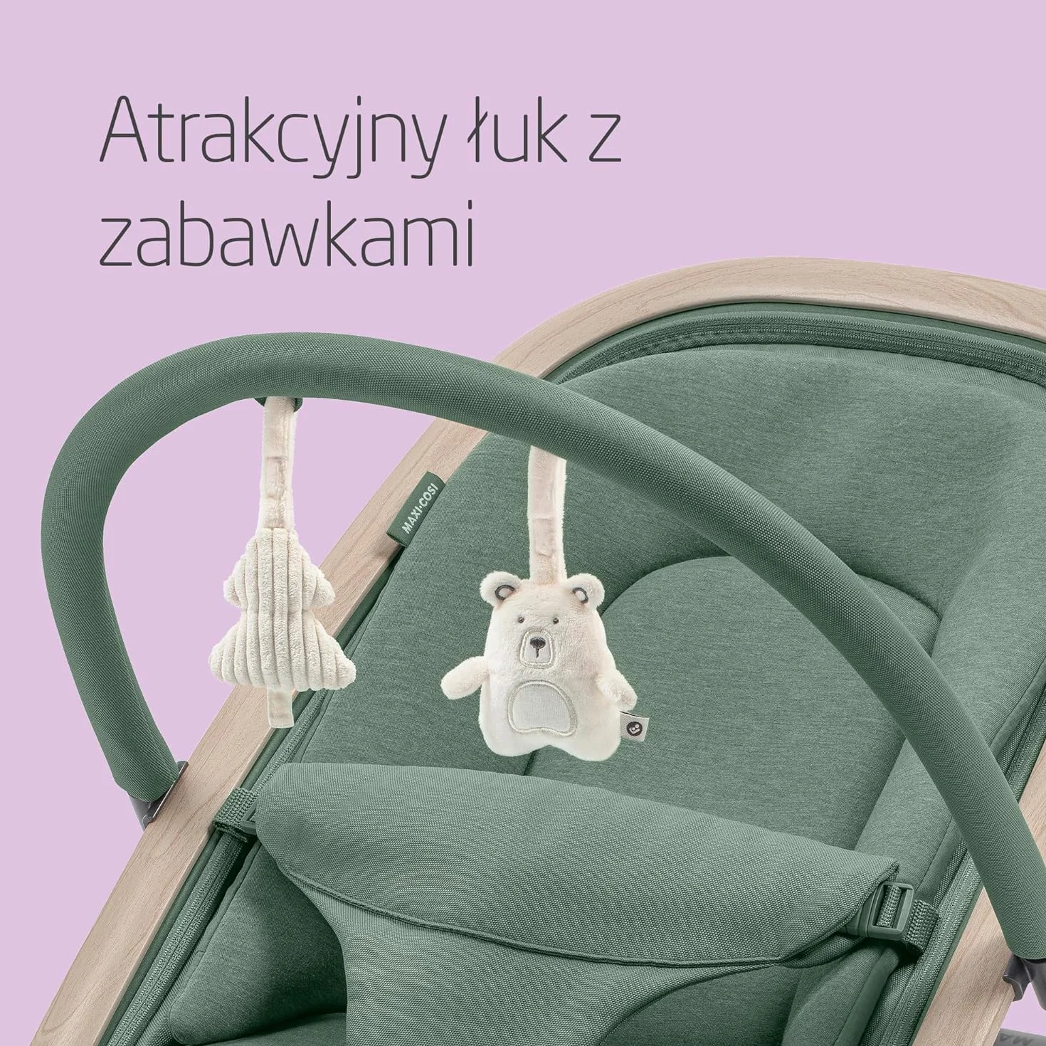Maxi-Cosi Bujaczek leżaczek Kori 2 w 1 z łukiem z zabawkami, 0–2 lata, do 15 kg, bujaczek dla dziecka, 3 poz. odchylania jedną ręką, Uprząż Easy- in, Lekki i kompaktowy, Beyond Green