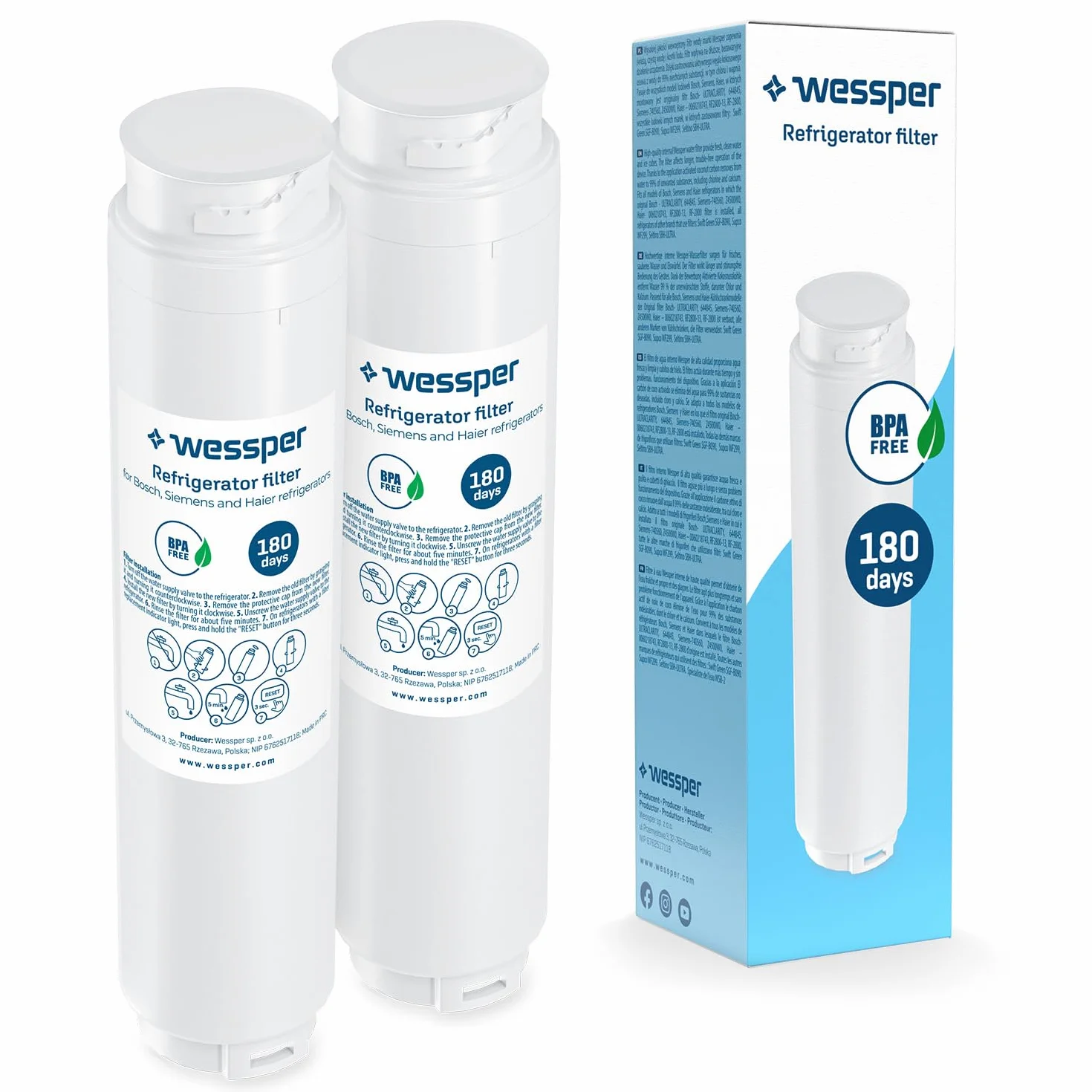 Wessper Zamiennik Wlład Filtra Wody do Lodówki 2 Sztuki Bosch ULTRACLARITY, 644845, Siemens 740560, Z4500W0 | Akcesoria do Lodówki, System Odwróconej Osmozy, Usuwa z Wody Chlor- Biały